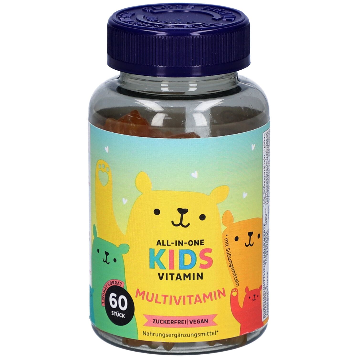 Flacon transparent à bouchon bleu. Étiquette avec ours jaunes, verts et rouges. Inscription : ALL-IN-ONE KIDS VITAMIN MULTIVITAMIN. 60 pièces.