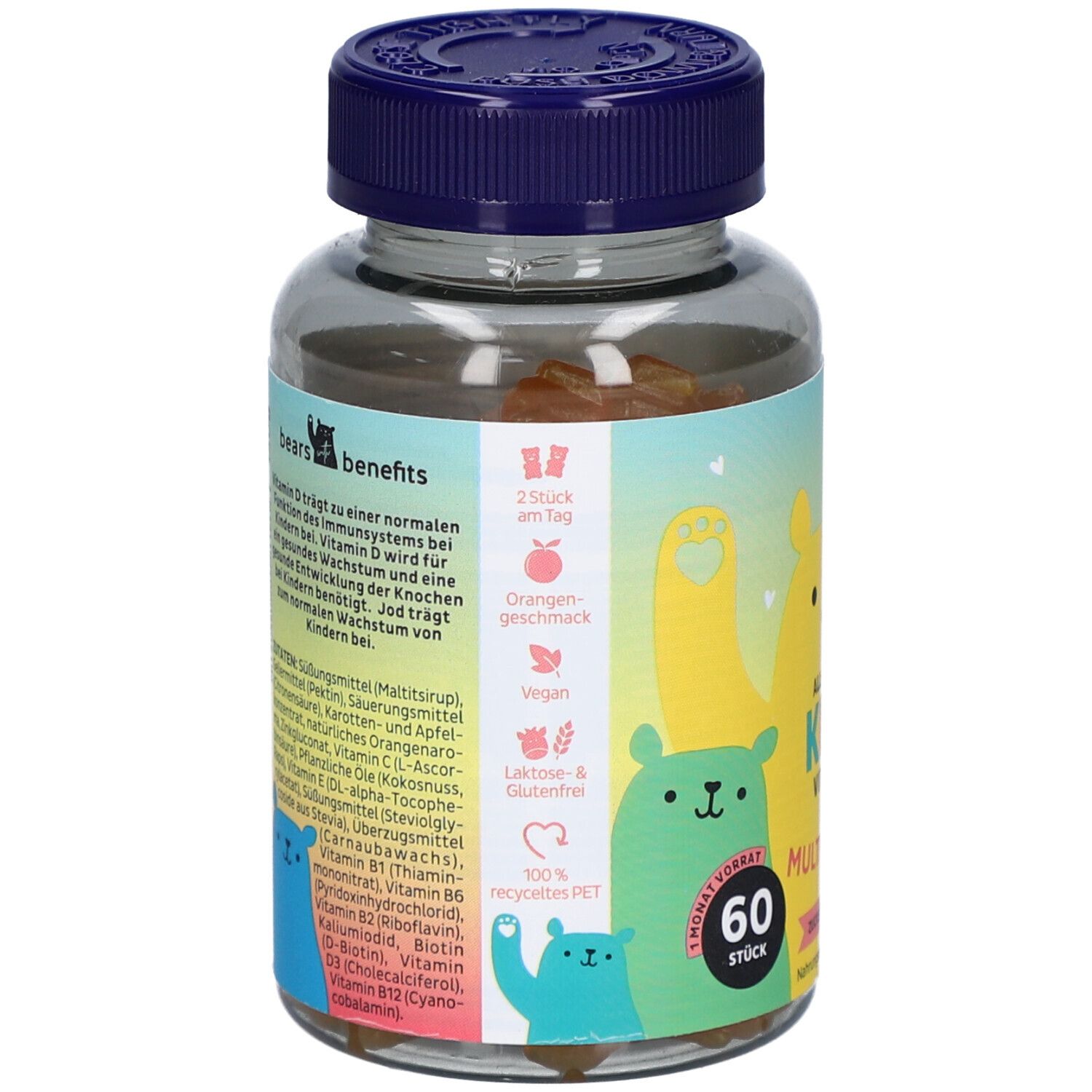 Dos du flacon. Autocollant avec texte et illustrations. Contient des informations sur les ingrédients et les valeurs nutritionnelles. 100% PET recyclé.