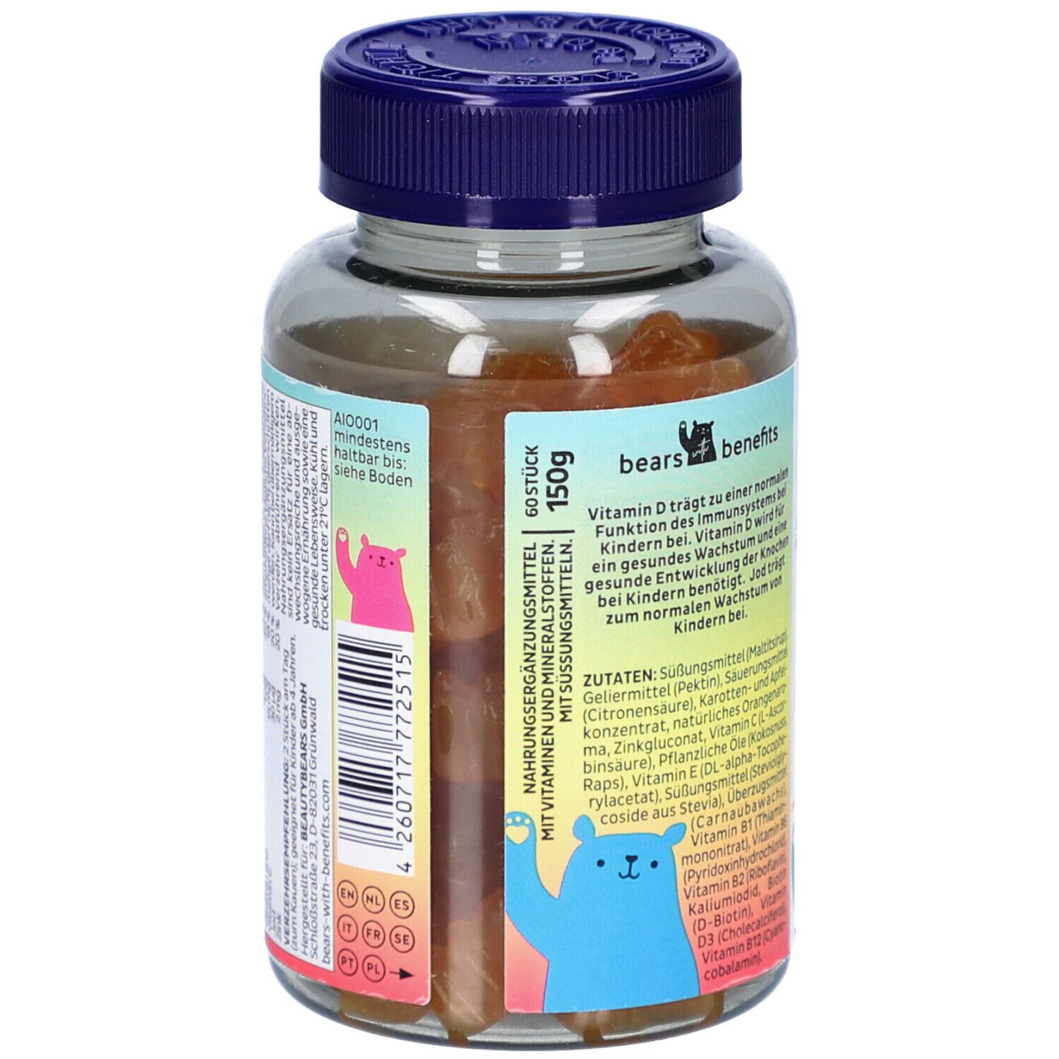 Dos du flacon. Autocollant avec texte et illustrations. Contient des informations sur les ingrédients et les valeurs nutritionnelles. 150g.