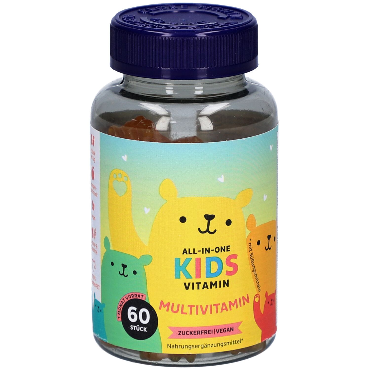Flacon transparent à bouchon bleu. Étiquette avec ours jaunes, verts et rouges. Inscription : ALL-IN-ONE KIDS VITAMIN MULTIVITAMIN. 60 pièces.