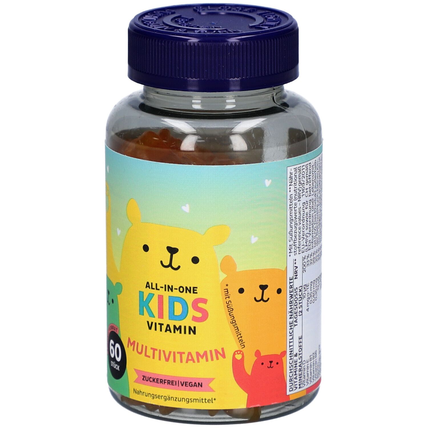 Flacon transparent à bouchon bleu. Étiquette avec ours jaunes, verts et rouges. Inscription : ALL-IN-ONE KIDS VITAMIN MULTIVITAMIN. 60 pièces.