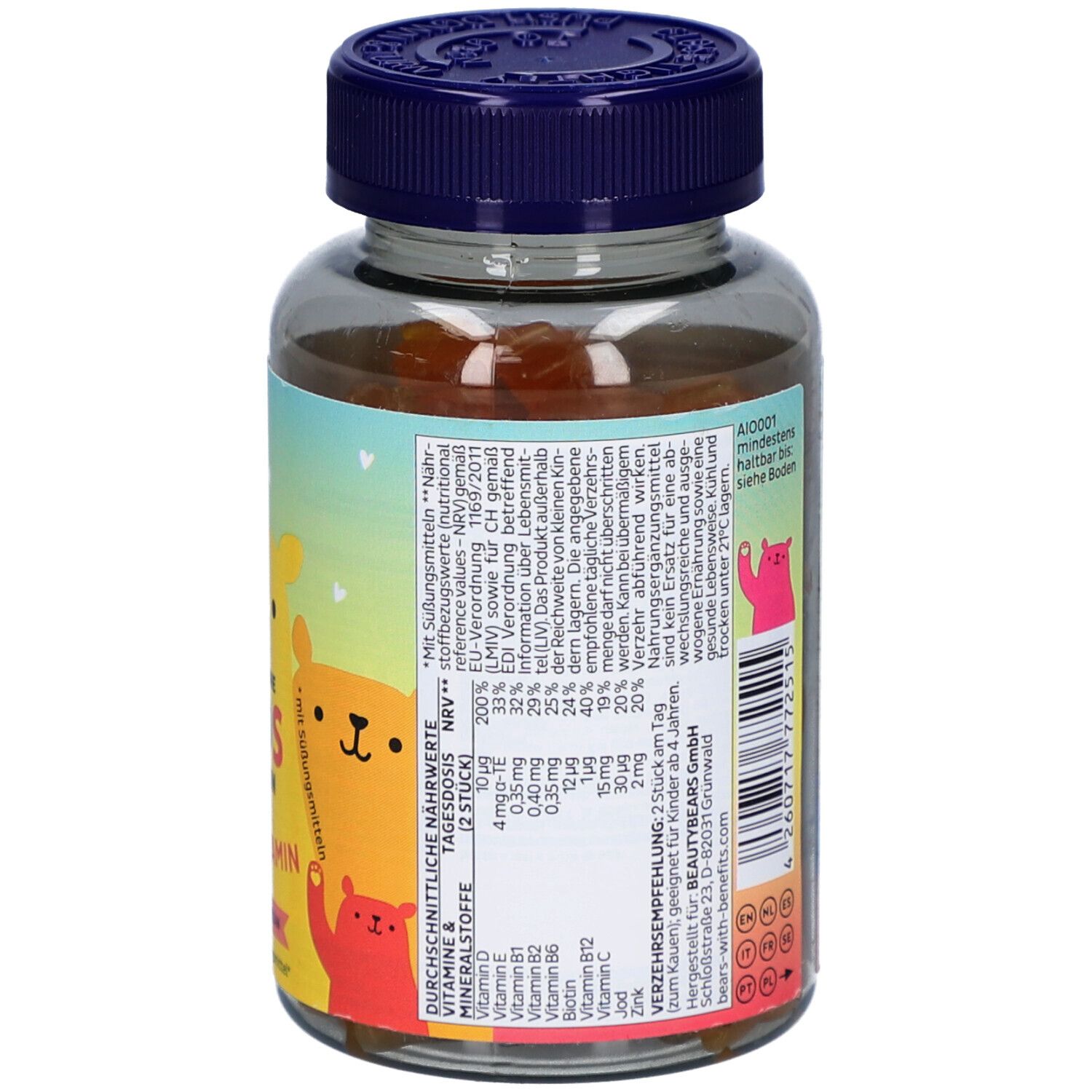 Dos du flacon. Autocollant avec texte et illustrations. Contient des informations sur les valeurs nutritionnelles et les ingrédients. Recommandation pour enfants.