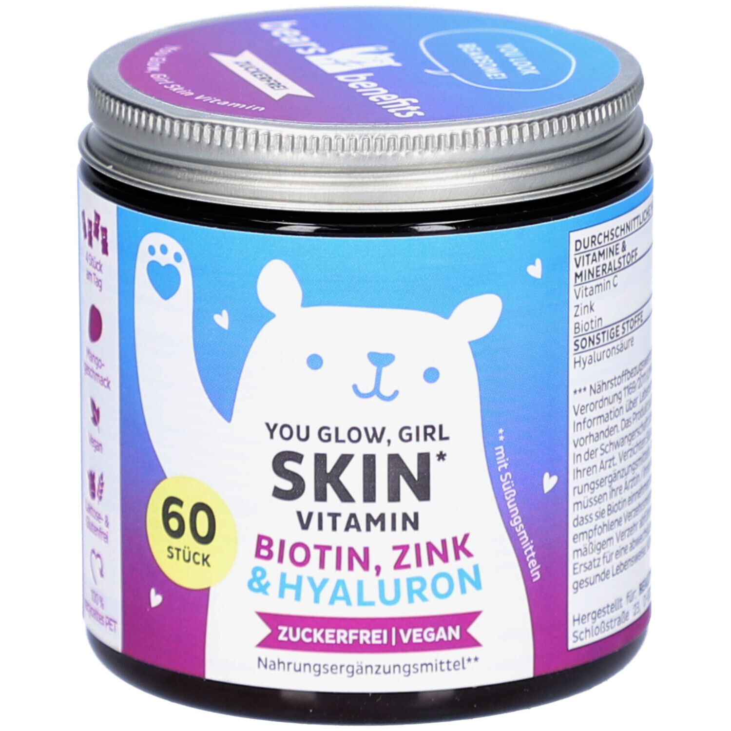 Boîte ronde avec couvercle. Inscription : You Glow Girl Skin, 60 pièces, vitamine, zinc et hyaluron. Végétalien, sans sucre.