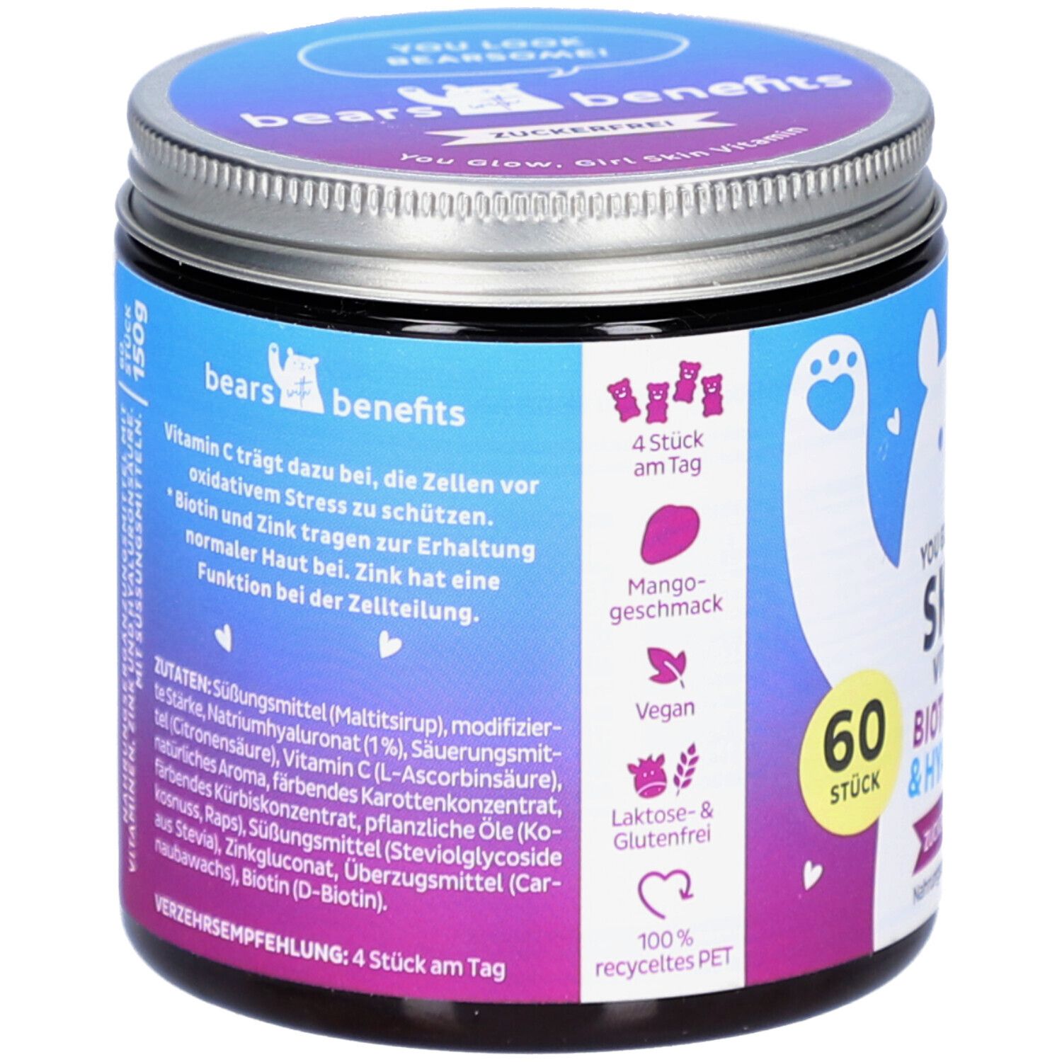 Boîte avec couvercle. Dos avec texte : vitamine C, zinc, biotine. 60 pièces. Goût mangue. Végétalien. Sans lactose et gluten.