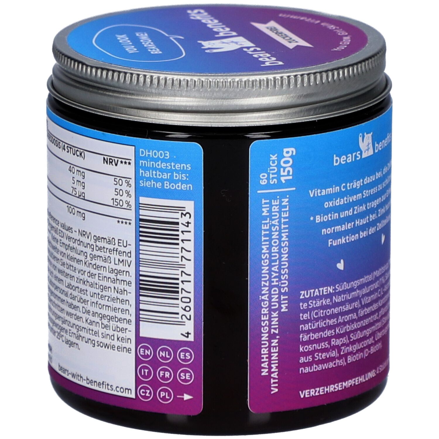 Boîte avec couvercle. Dos avec texte : informations nutritionnelles, ingrédients. 60 pièces. Végétalien. Avec édulcorants. 150g.