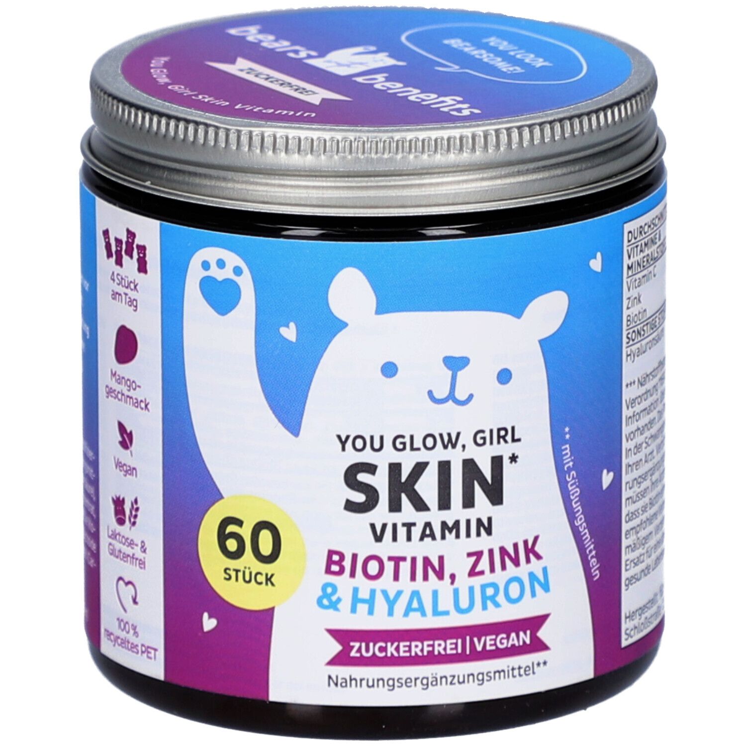 Boîte ronde avec couvercle. Inscription : You Glow Girl Skin, 60 pièces, vitamine, zinc et hyaluron. Végétalien, sans sucre.
