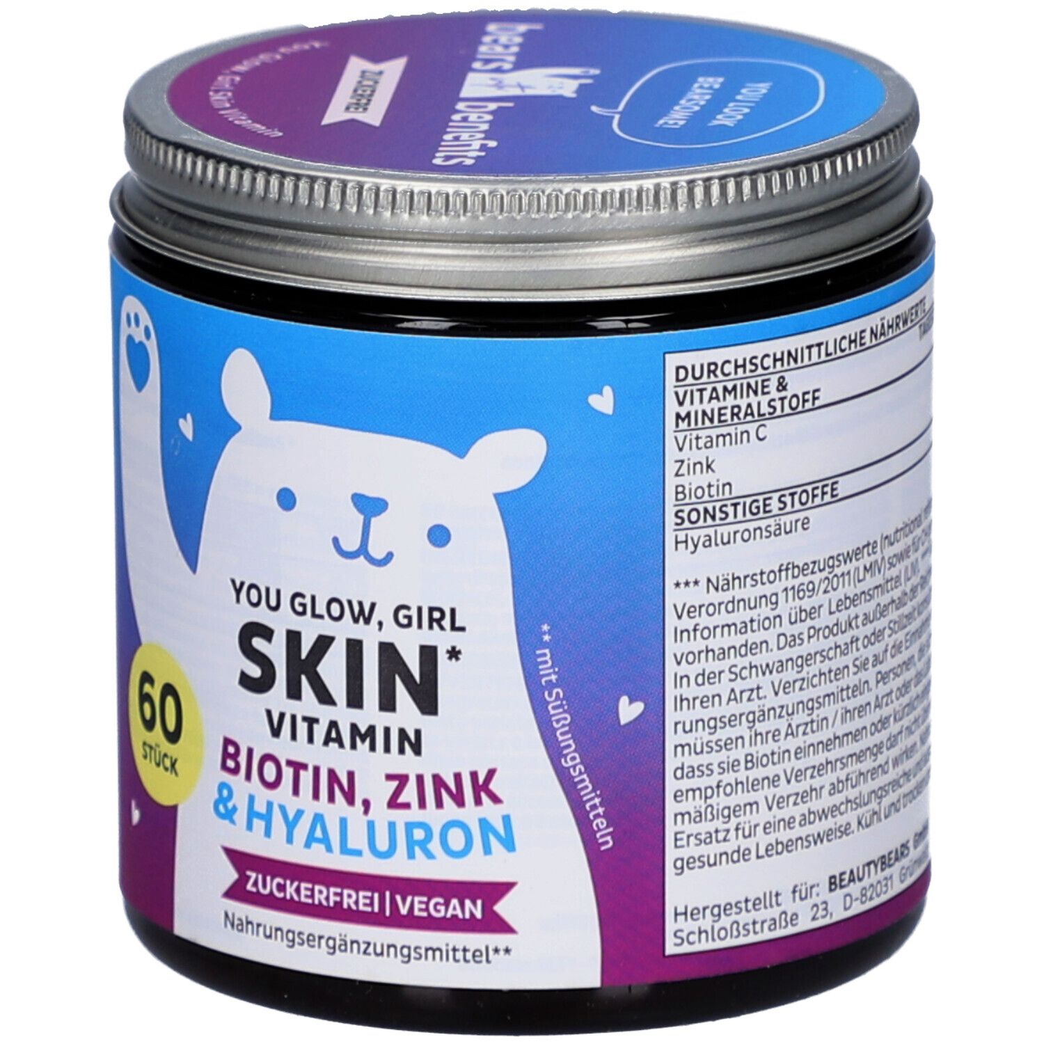 Boîte ronde avec couvercle. Inscription : You Glow Girl Skin, 60 pièces, vitamine, zinc et hyaluron. Végétalien, sans sucre.