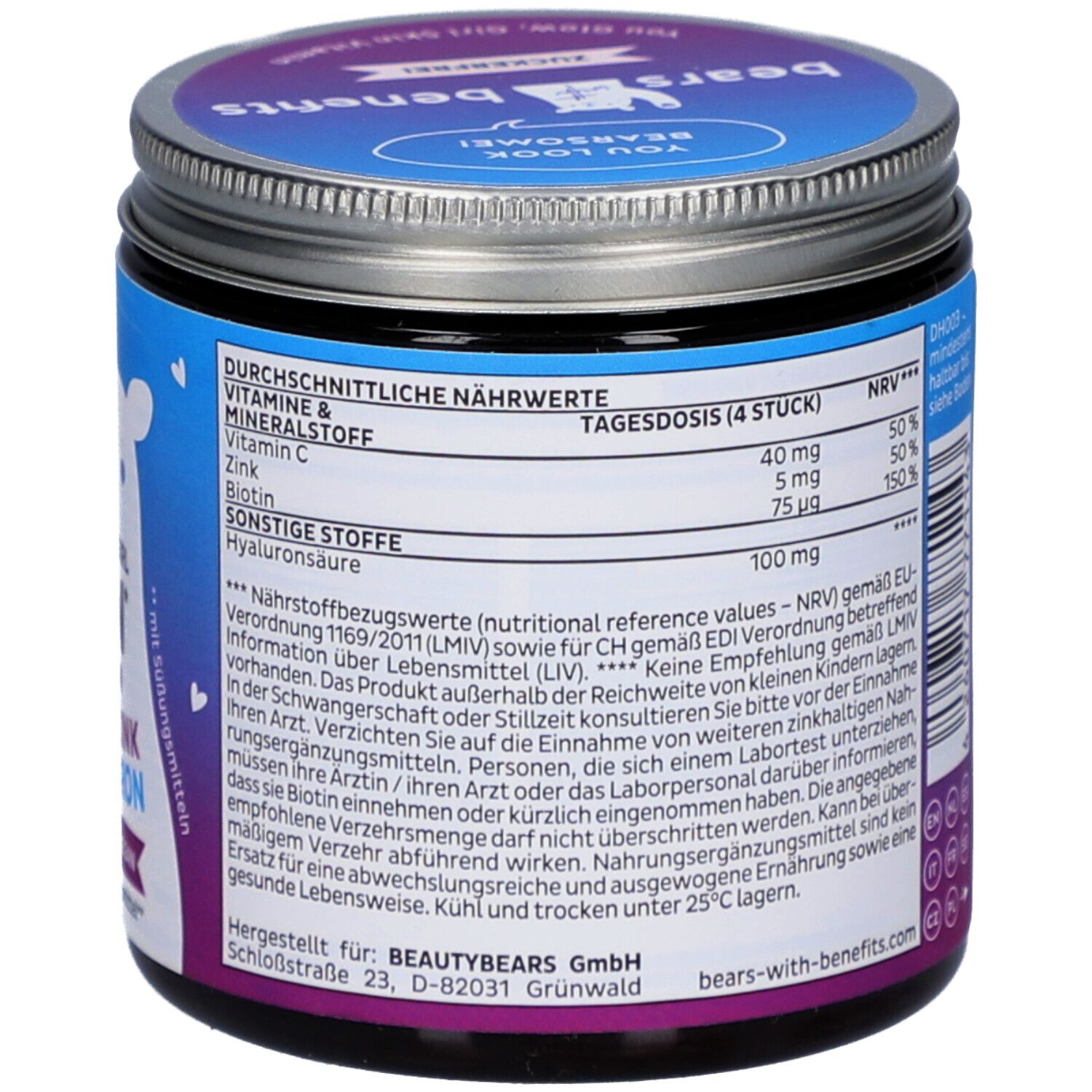Boîte avec couvercle. Dos avec texte : informations nutritionnelles, ingrédients. 60 pièces. Végétalien. Avec édulcorants. 150g.