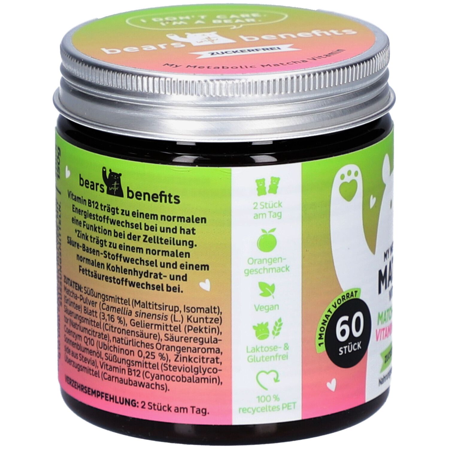 Pot vert avec l'inscription My Metabolic Matcha Vitamin, 60 pièces. Contient de la poudre de matcha, de la vitamine B12 et du zinc.