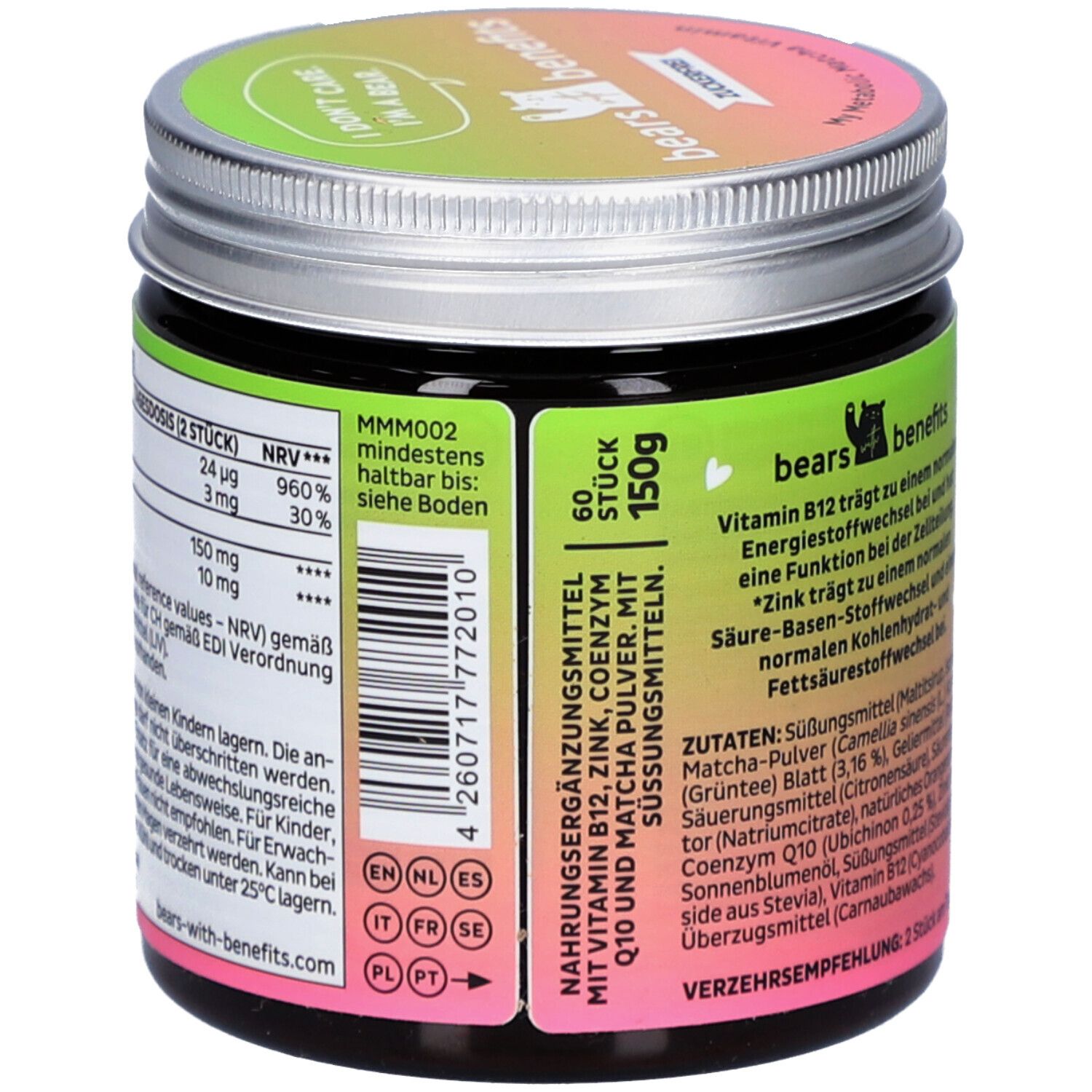 Pot vert avec l'inscription My Metabolic Matcha Vitamin, 60 pièces. Contient de la poudre de matcha, de la vitamine B12 et du zinc.