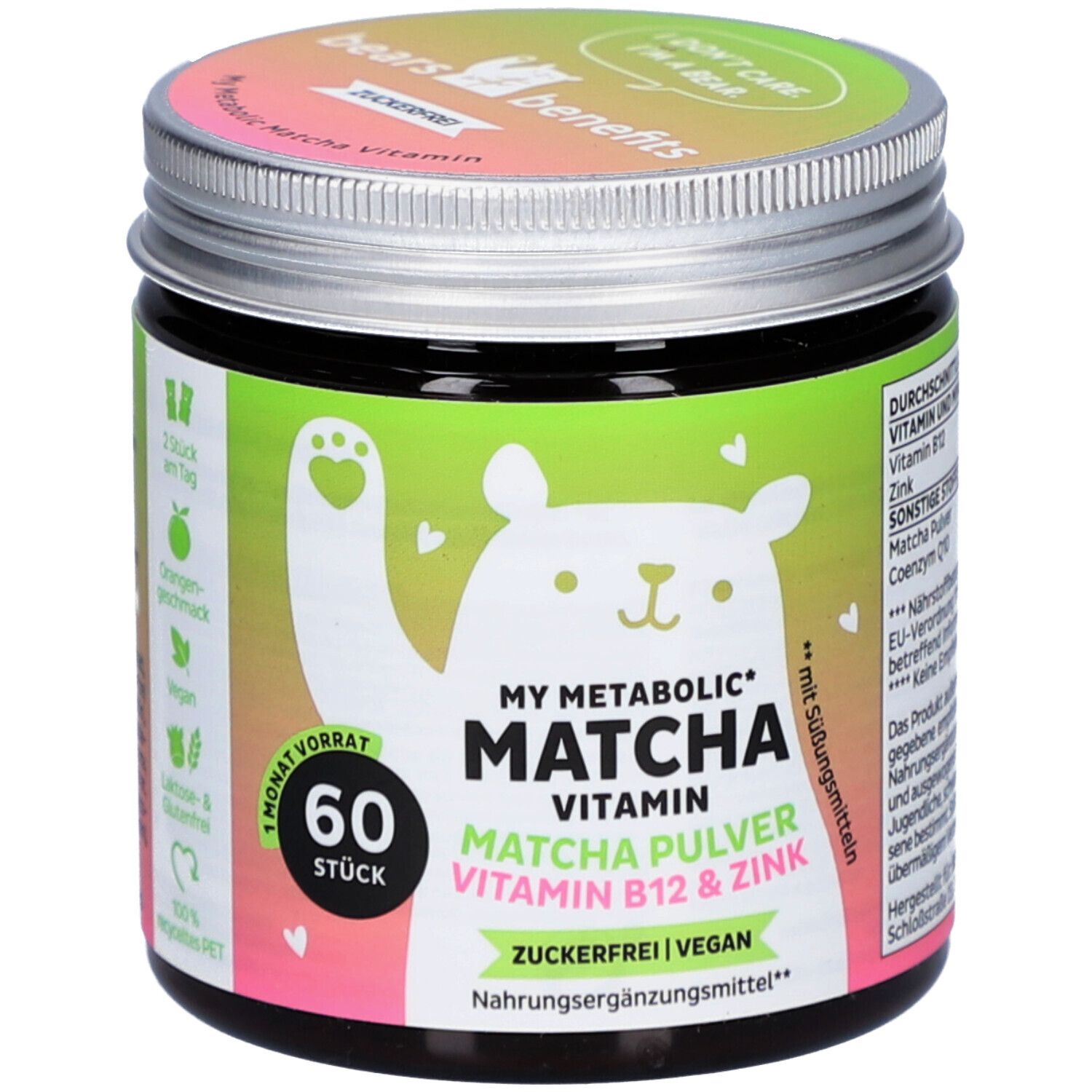 Pot vert avec l'inscription My Metabolic Matcha Vitamin, 60 pièces. Contient de la poudre de matcha, de la vitamine B12 et du zinc.