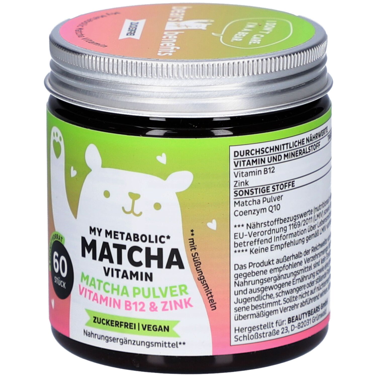 Pot vert avec l'inscription My Metabolic Matcha Vitamin, 60 pièces. Contient de la poudre de matcha, de la vitamine B12 et du zinc.