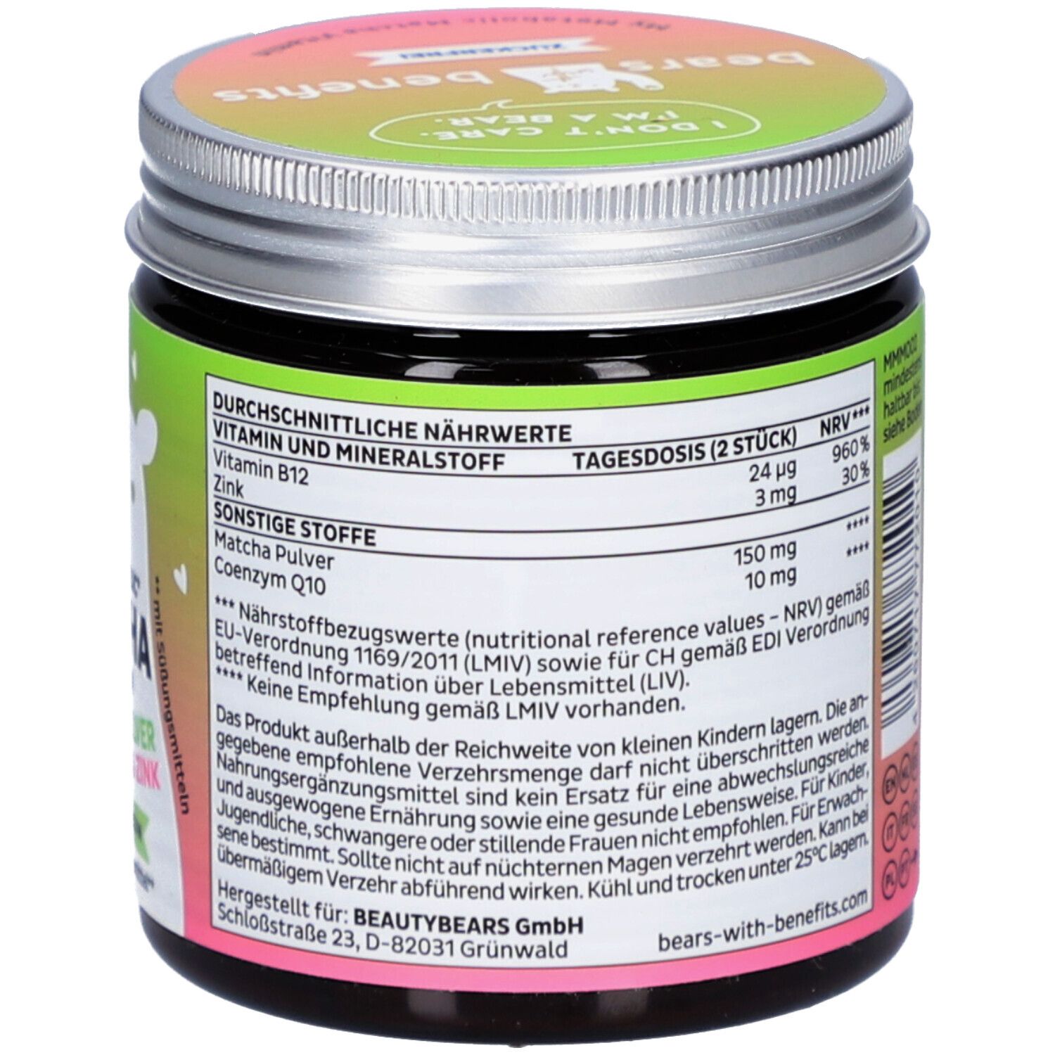 Pot vert avec l'inscription My Metabolic Matcha Vitamin, 60 pièces. Contient de la poudre de matcha, de la vitamine B12 et du zinc.