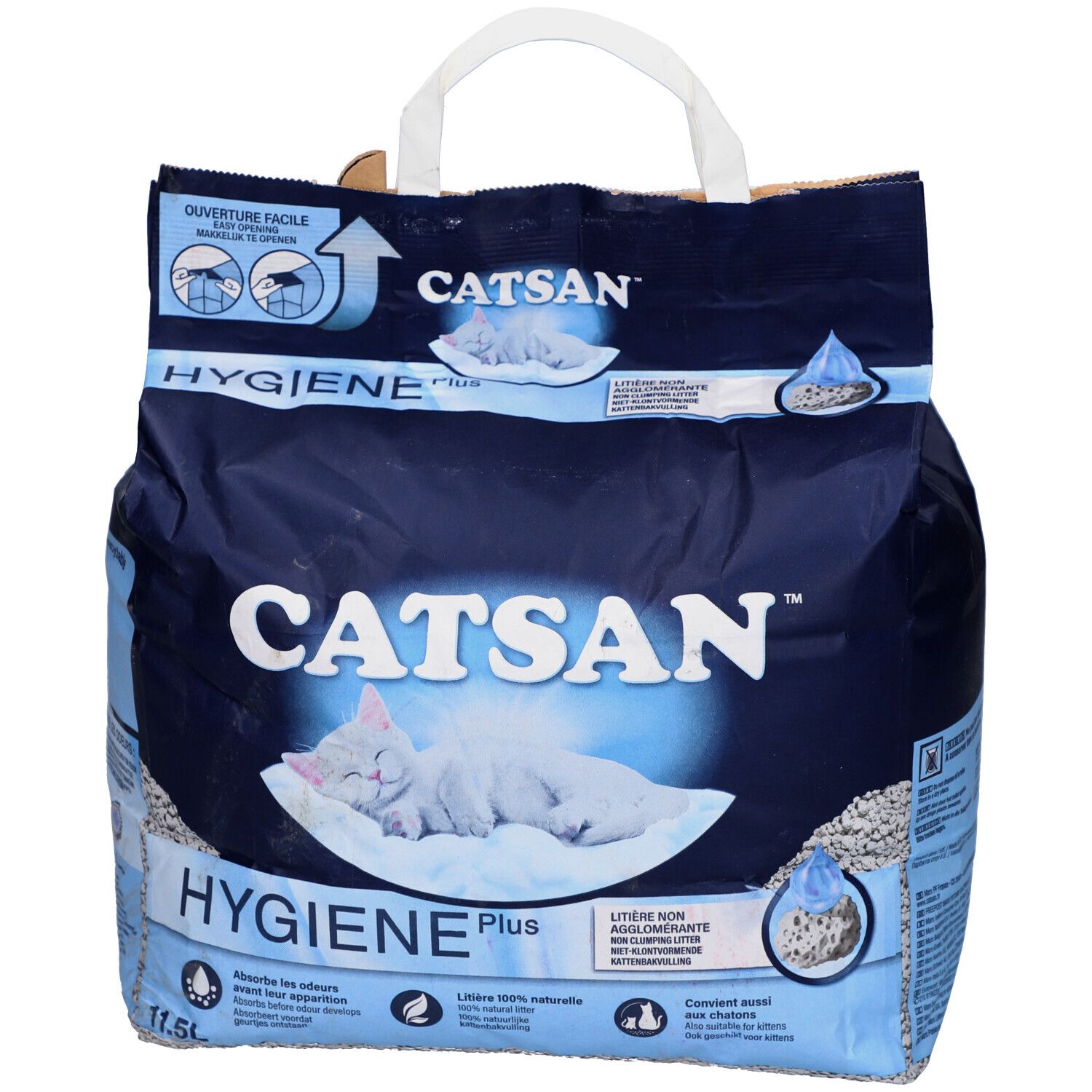 Blauer Beutel mit weißem Griff. Aufschrift CATSAN HYGIENE Plus und schlafende Katze. 11,5L.