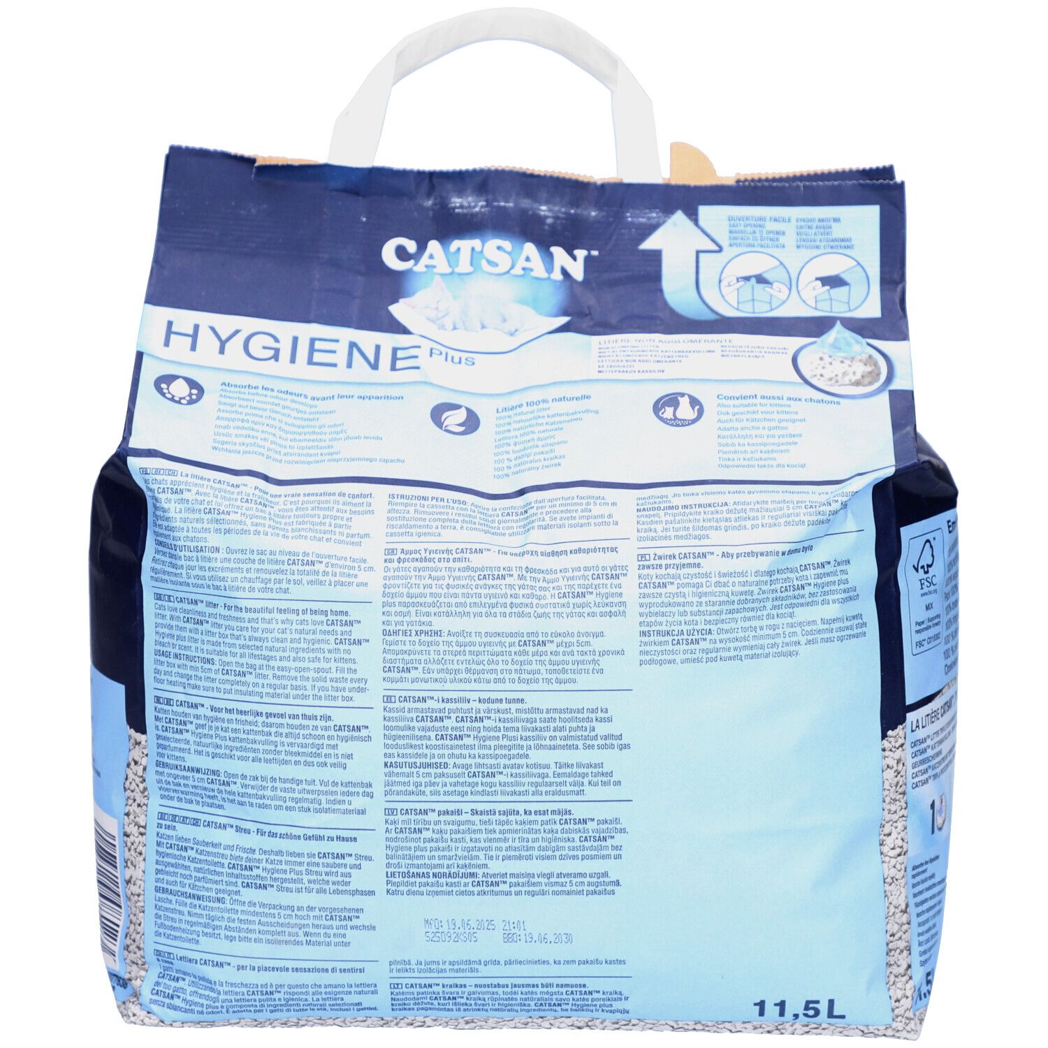 Rückseite des blauen Beutels CATSAN HYGIENE Plus. Text in mehreren Sprachen. Weißer Griff. 11,5L.