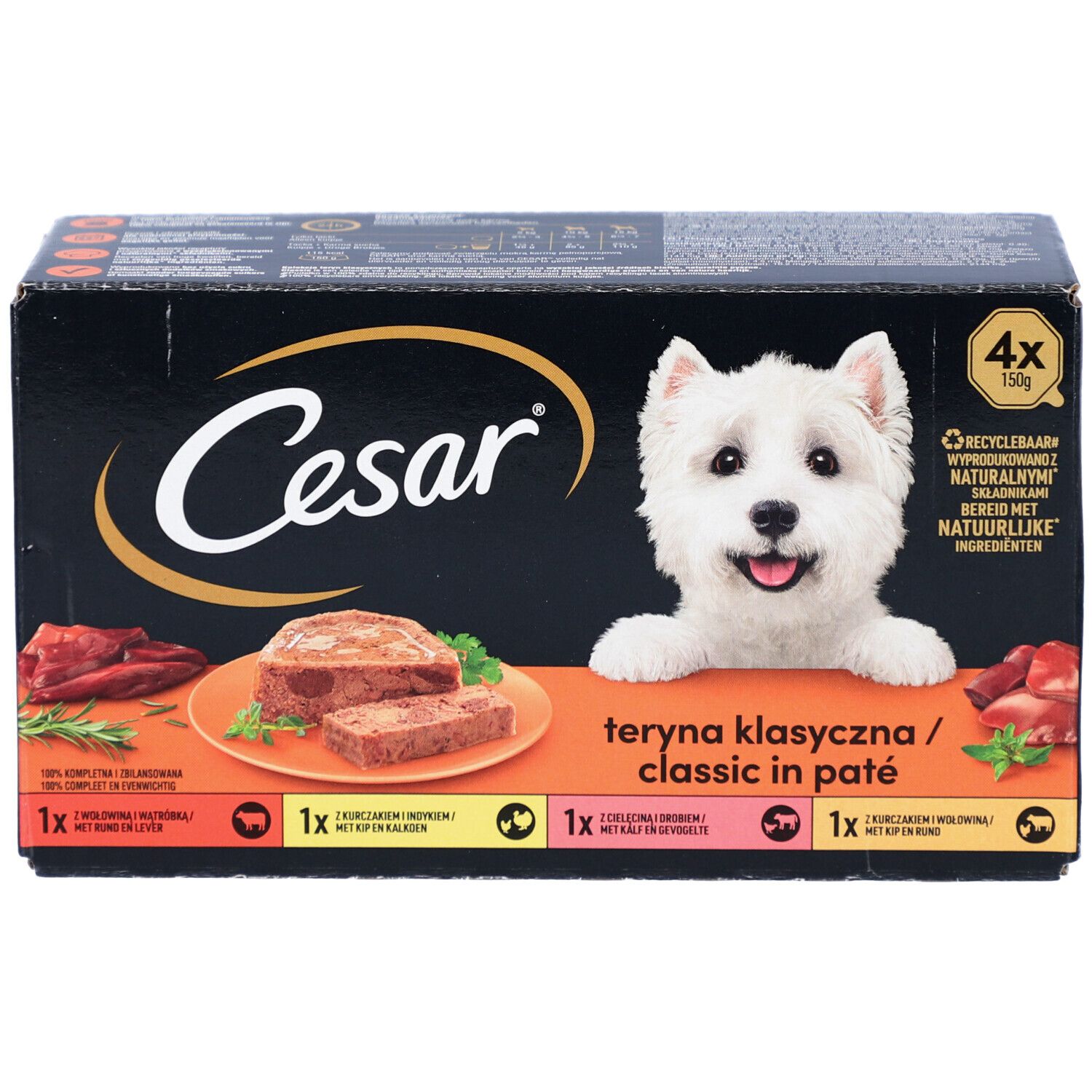 Boîte de pâté Cesar Classic pour chiens. Contient 4 x 150g. Image d'un chien et exemples de produit.