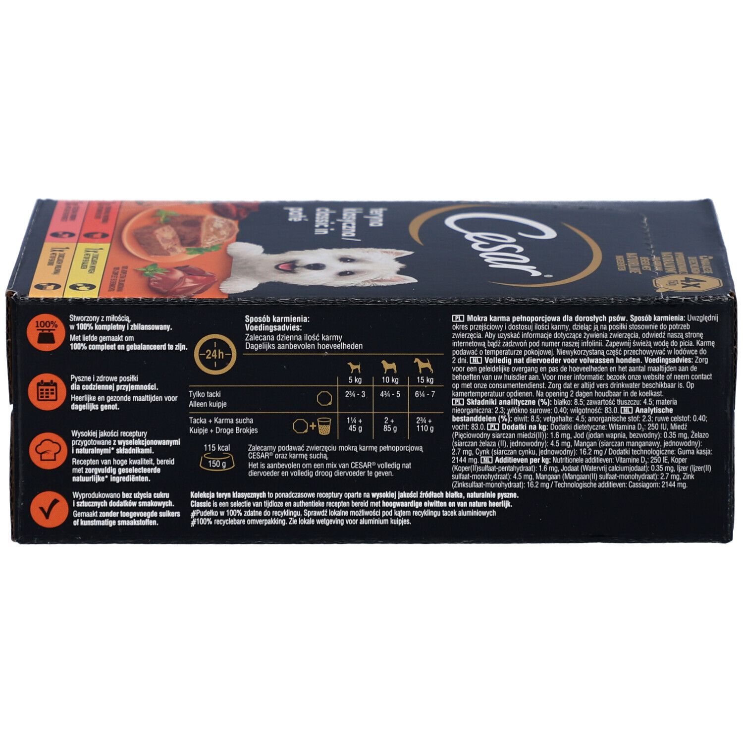 Dos de l'emballage du pâté Cesar Classic. Contient des informations sur les ingrédients et les recommandations d'alimentation.