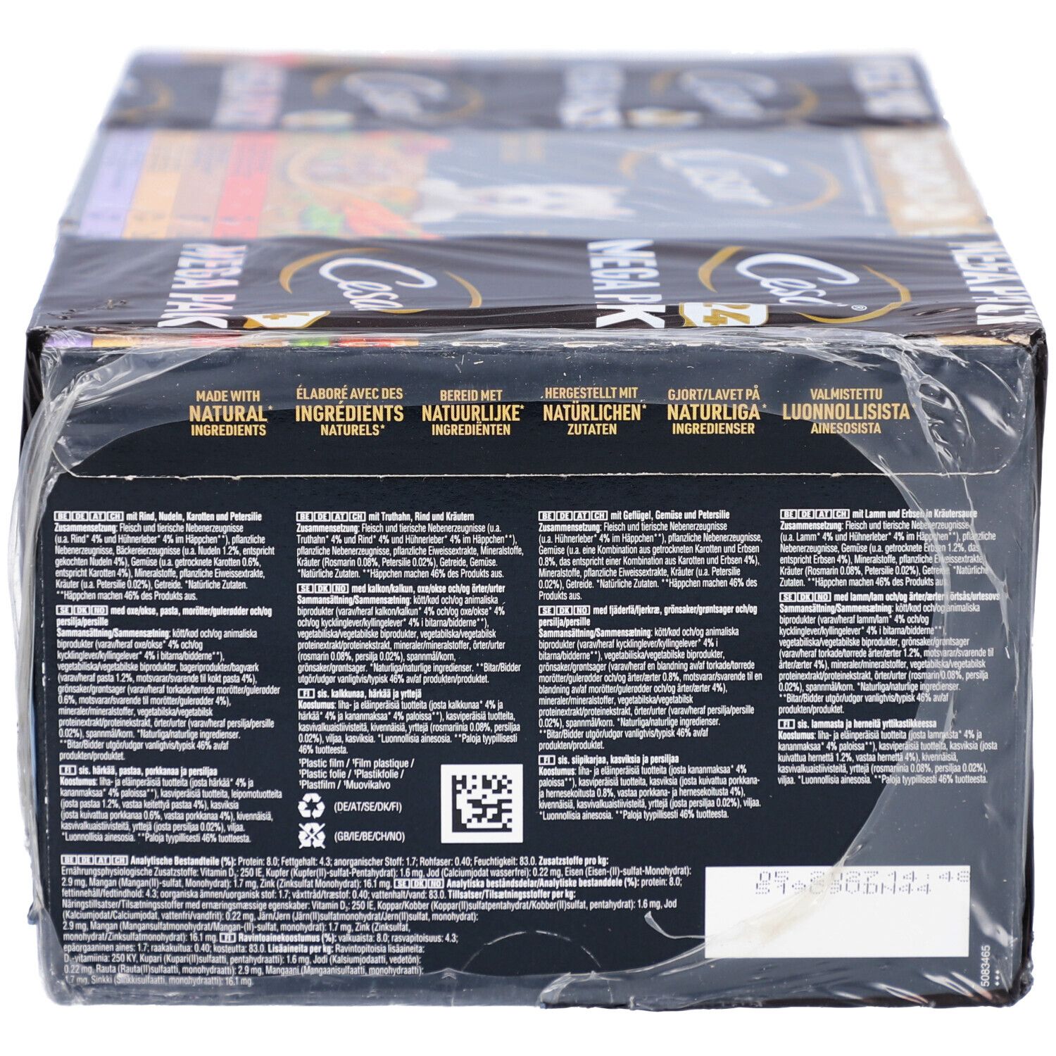 Dos du pack multiple Cesar Classic. Texte multilingue. Fond noir. Informations sur les ingrédients.