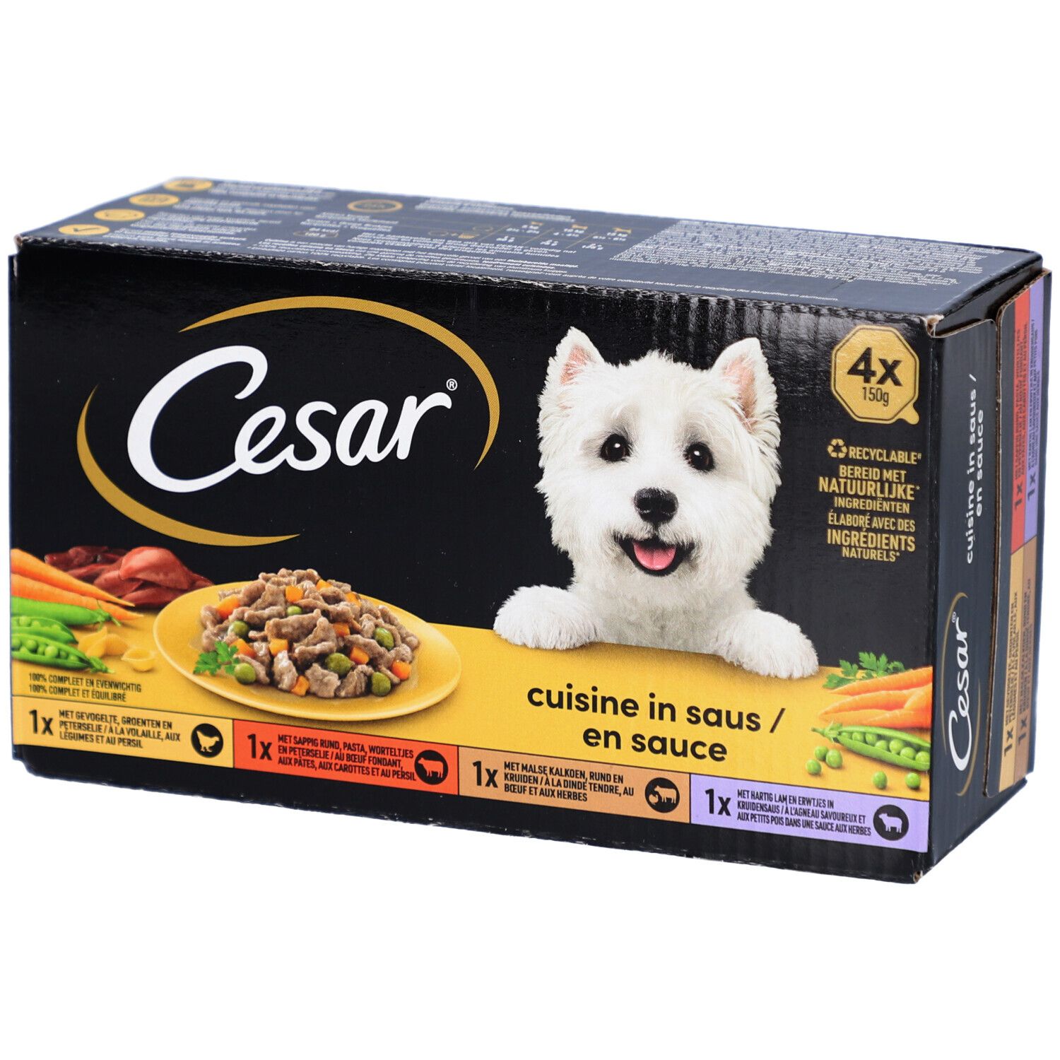 Boîte Cesar avec logo, chien et illustration du produit. Texte: Cuisine in saus/en sauce. 4x150g.