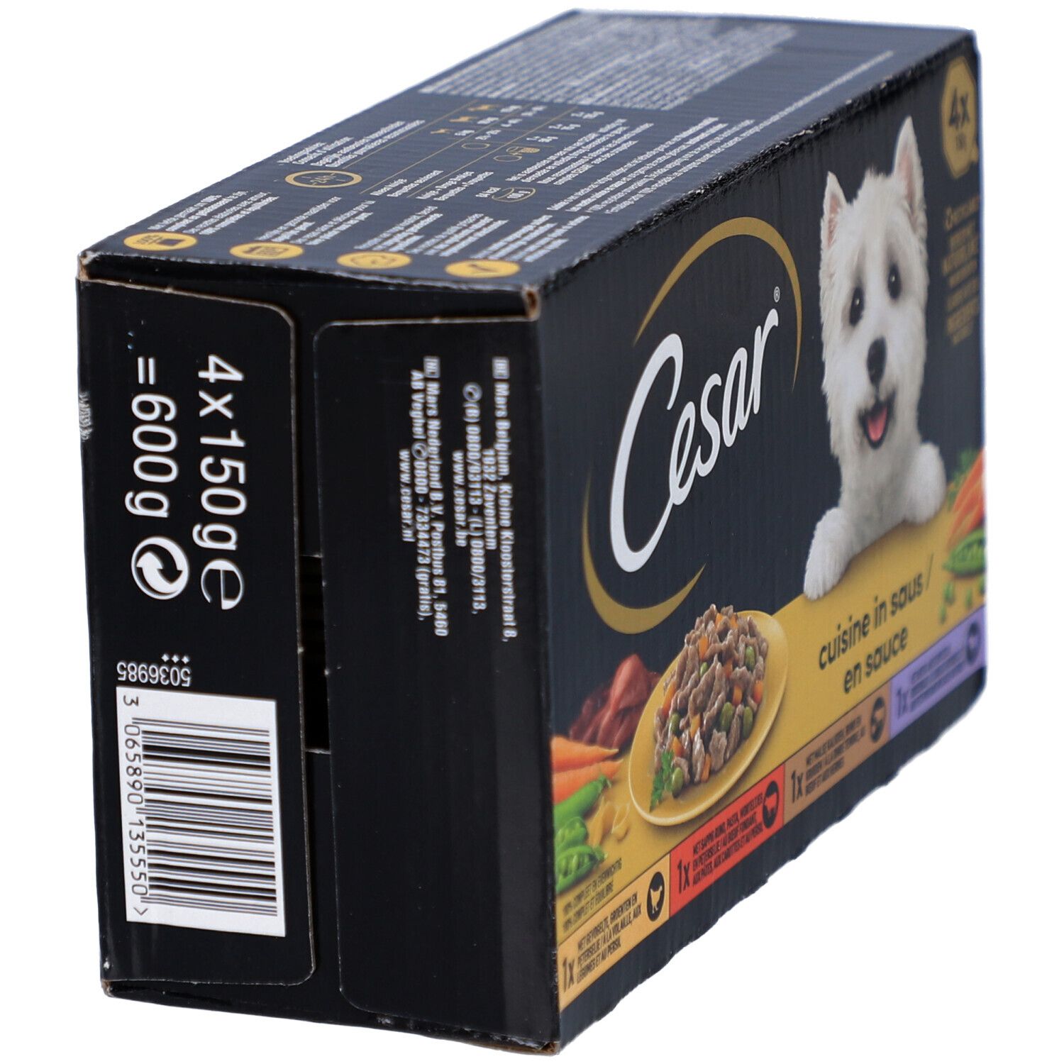 Vue latérale de la boîte Cesar. Texte: 4x150g = 600g. Code-barres. Logo et illustration du produit.