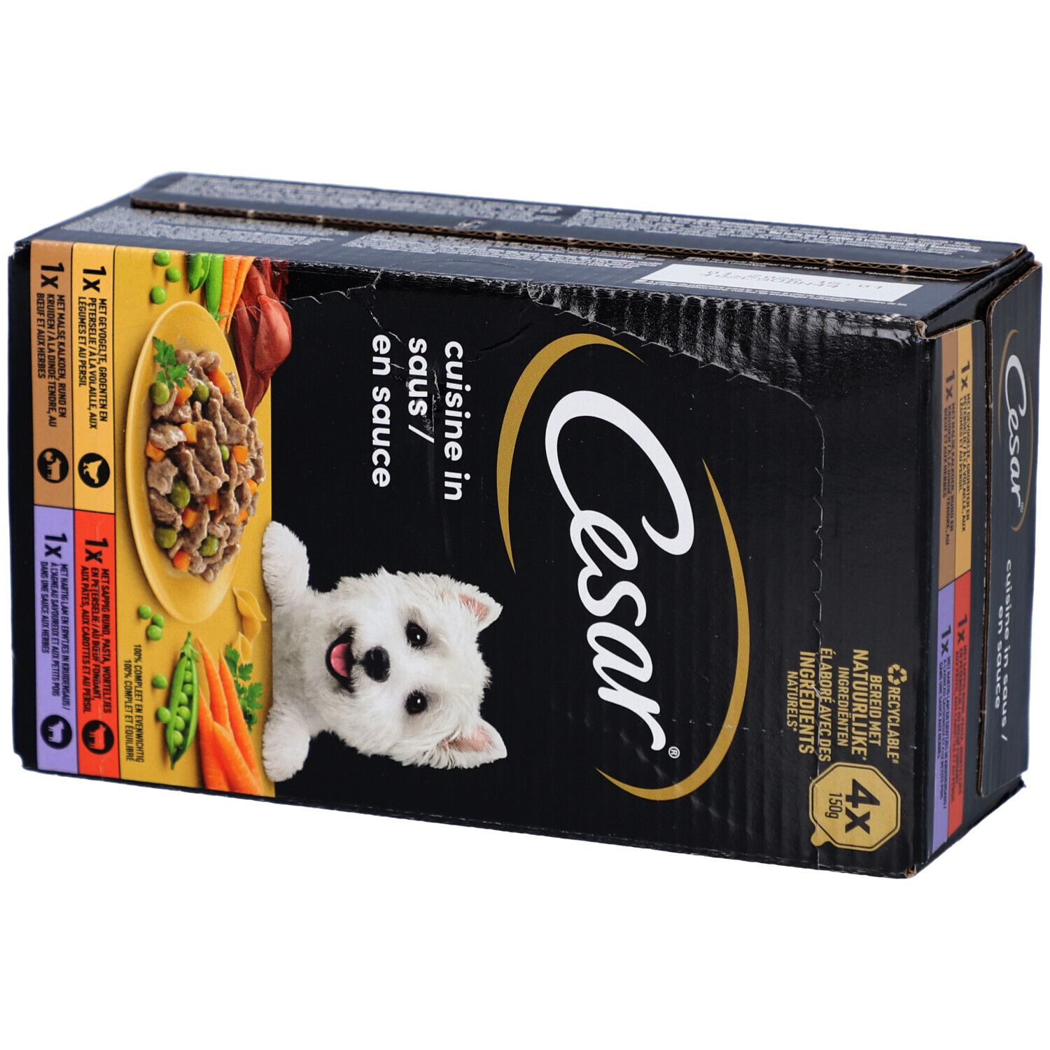 Boîte Cesar avec logo, chien et illustration du produit. Texte: Cuisine in saus/en sauce. 4x150g.