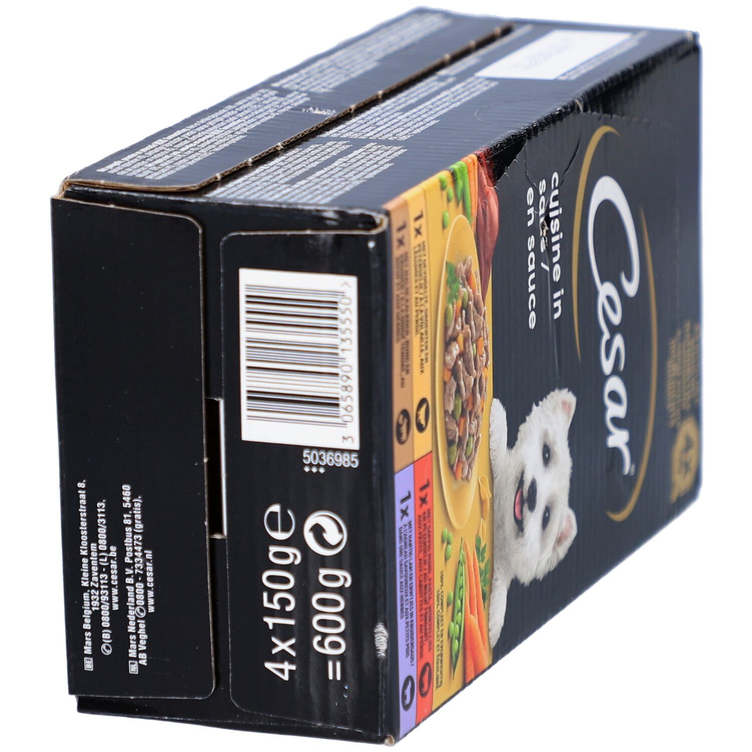 Vue latérale de la boîte Cesar. Texte: 4x150g = 600g. Code-barres. Logo et illustration du produit.