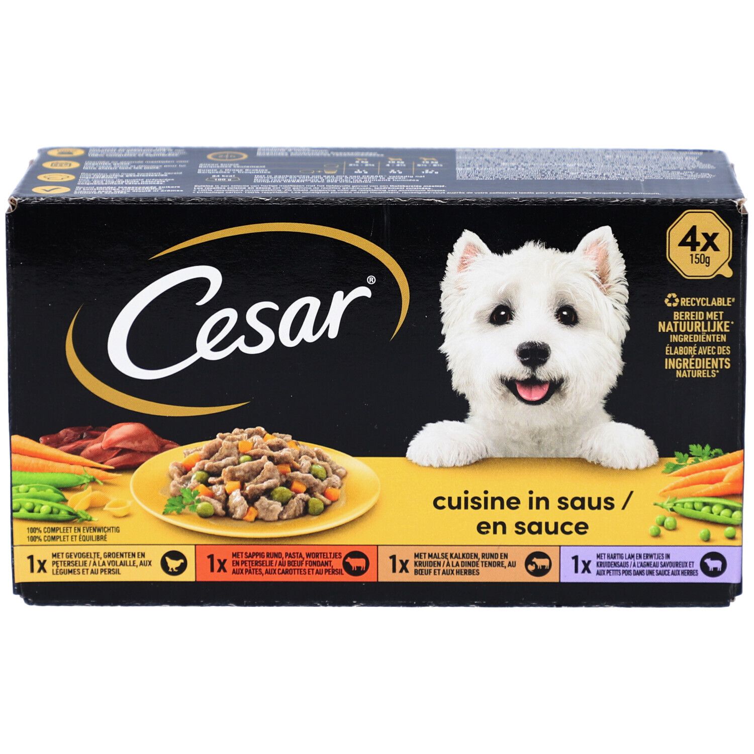 Boîte Cesar avec logo, chien et illustration du produit. Texte: Cuisine in saus/en sauce. 4x150g.
