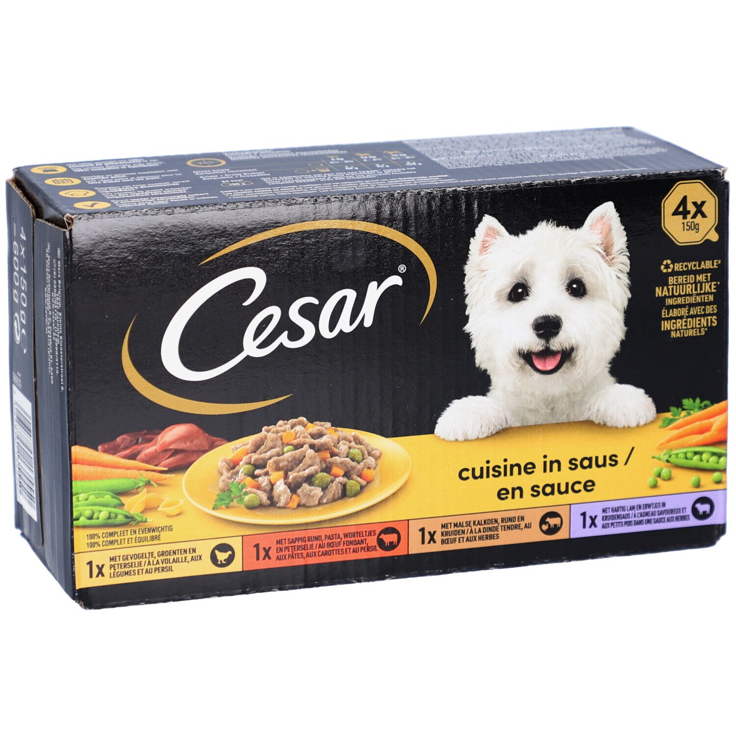 Boîte Cesar avec logo, chien et illustration du produit. Texte: Cuisine in saus/en sauce. 4x150g.