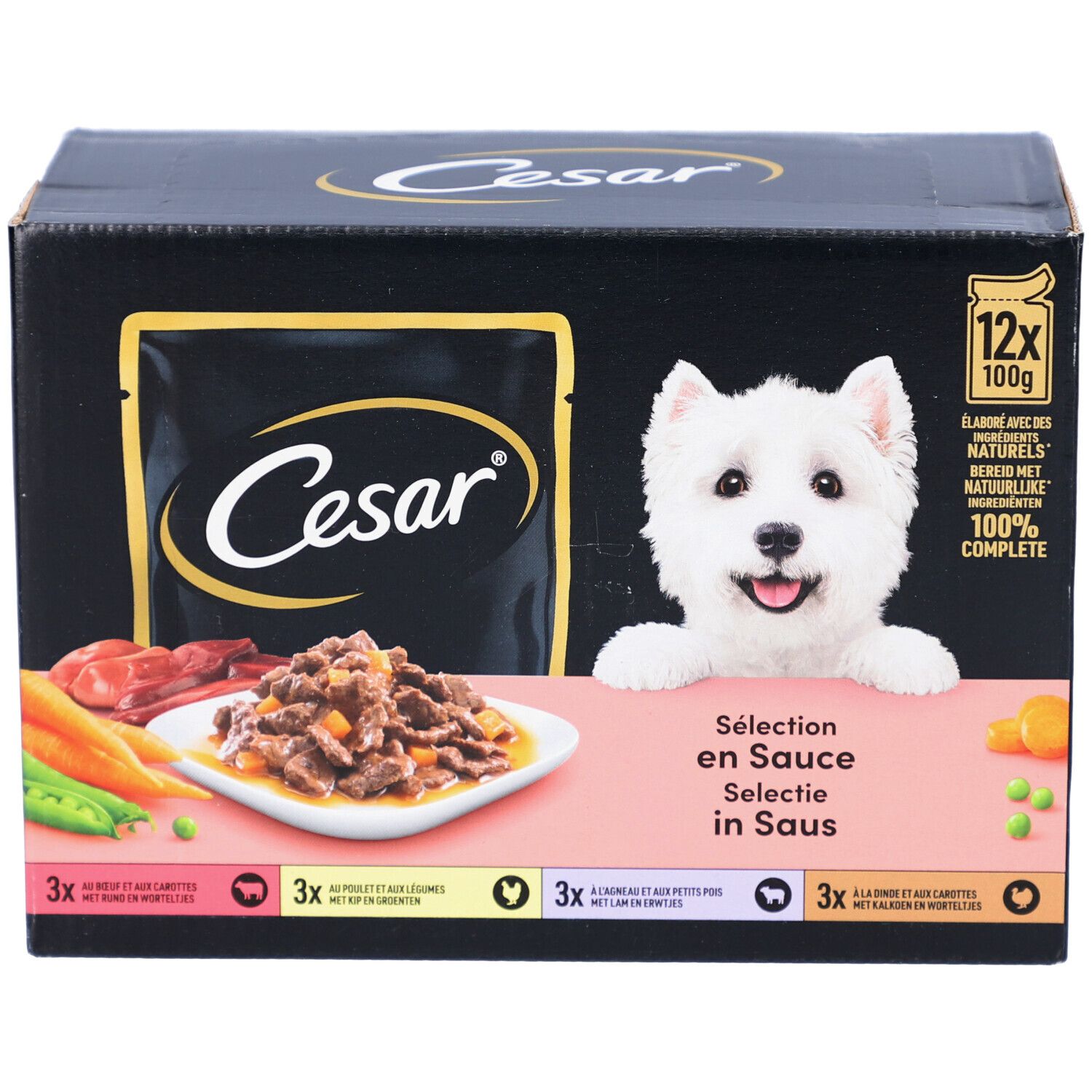 Boîte de 12 sachets Cesar Adult Sauce. Image d'un chien et d'un repas. Texte : Sélection en Sauce, Selectie in Saus.