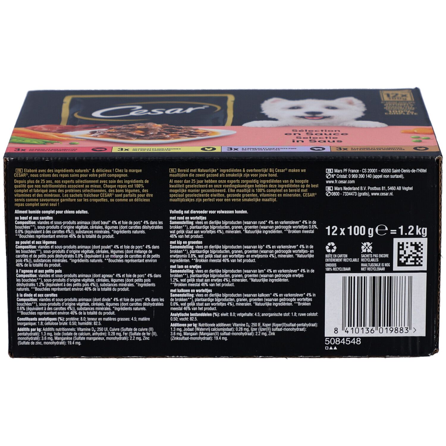 Dos de la boîte Cesar Adult Sauce. Texte et informations nutritionnelles. 12 x 100g. Code-barres.