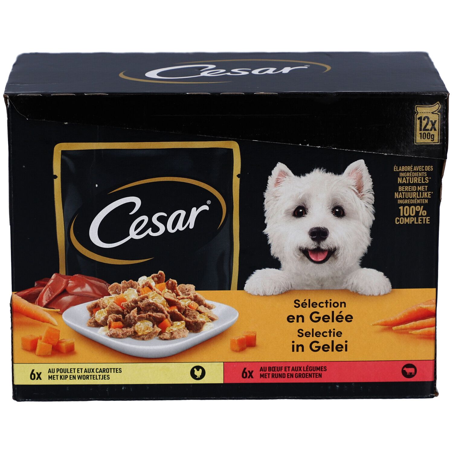 Schwarzer Karton mit Cesar-Logo und einem Hund. Enthält 12 Beutel Hundefutter. Aufschrift: Sélection en Gelée, 100% Complete.