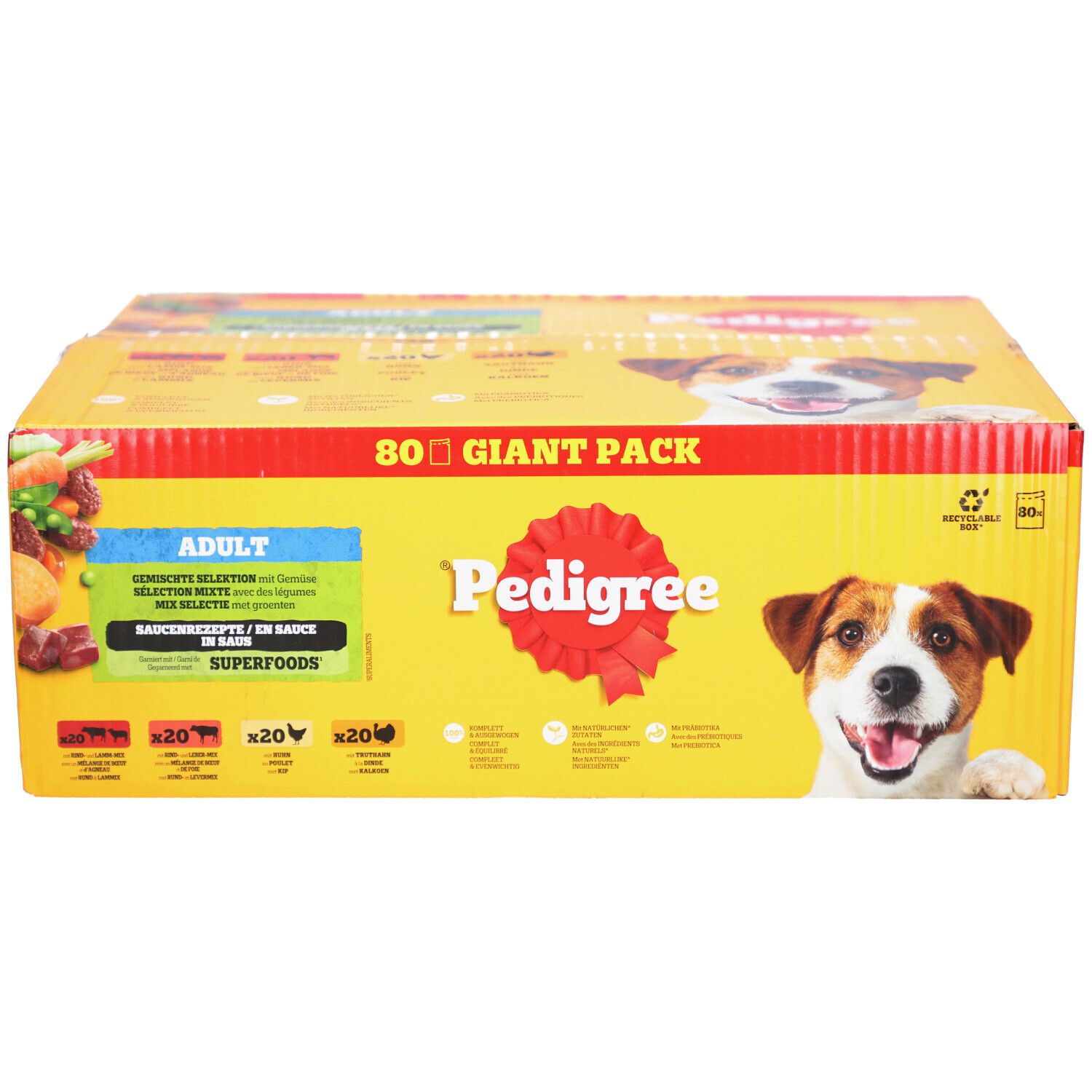 Gelbe Pedigree-Verpackung mit Hund, rotem Logo und Text. Enthält 80 Beutel. Aufschrift: "GIANT PACK".