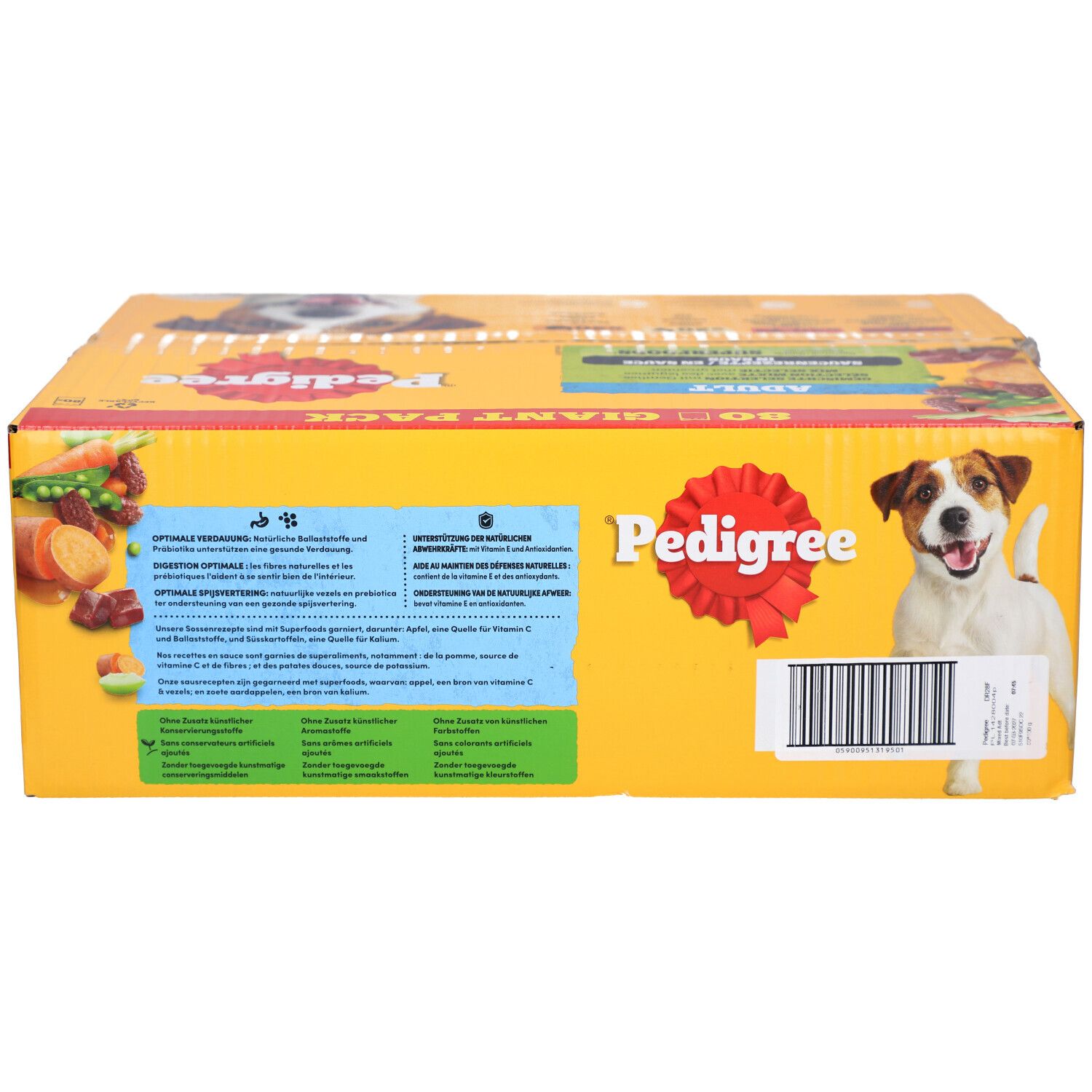 Gelbe Pedigree-Verpackung mit Hund, rotem Logo und Text. Enthält 80 Beutel. Barcode sichtbar.