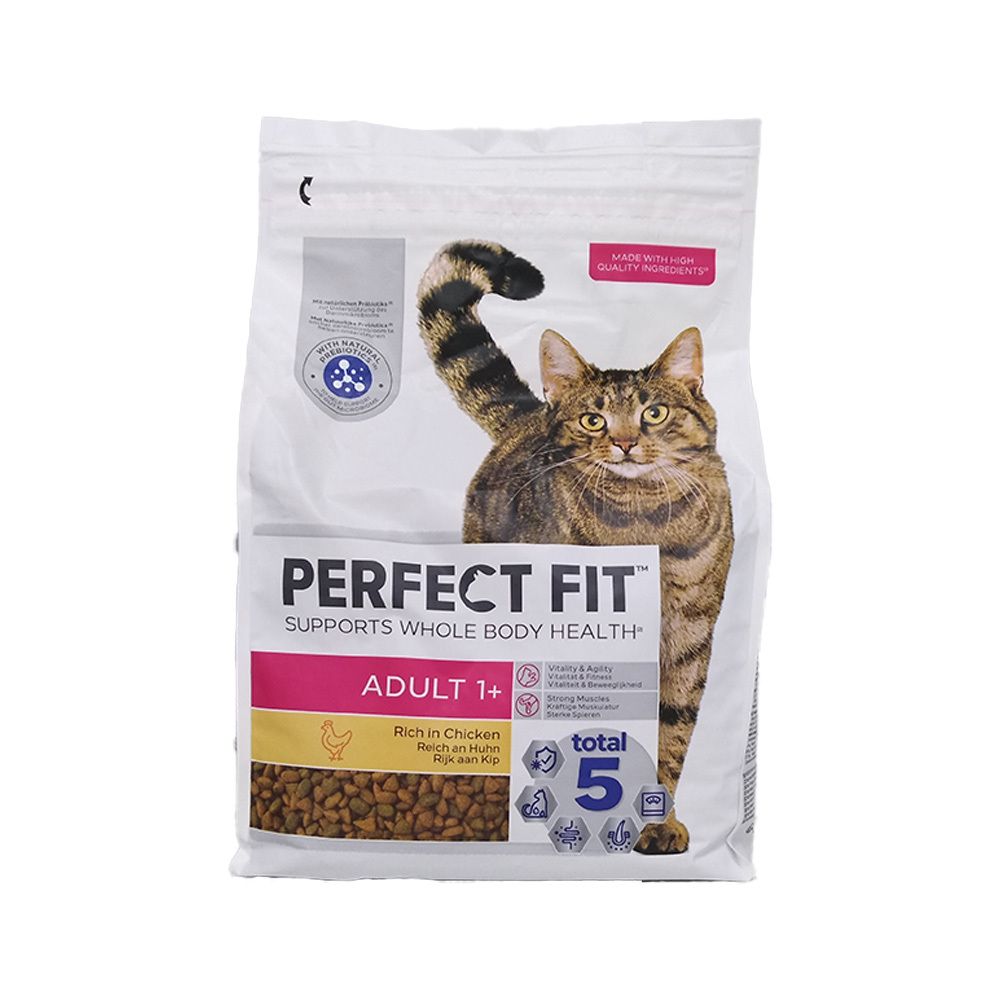 Sac de nourriture sèche PERFECT FIT Adult 1+ pour chats. Image d'un chat. Contient des croquettes. Avec labels de qualité.