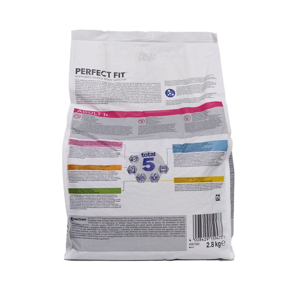 Dos du sac de nourriture pour chats PERFECT FIT Adult 1+. Contient du texte et des logos. Avec labels de qualité et code-barres.