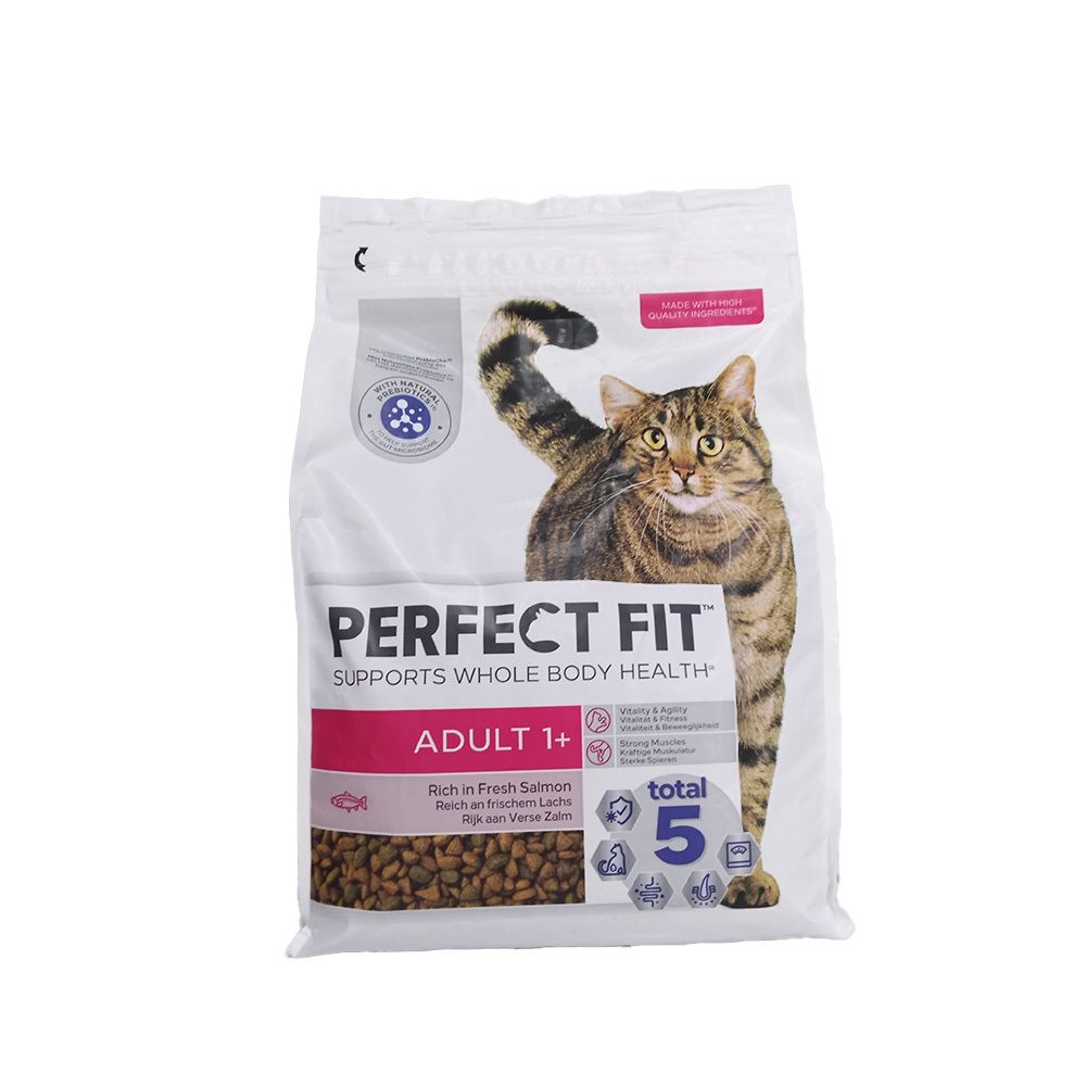 PERFECT FIT Adult 1+ Trockenfutter. Verpackung mit Katze und Produktinformationen. Enthält Lachs.
