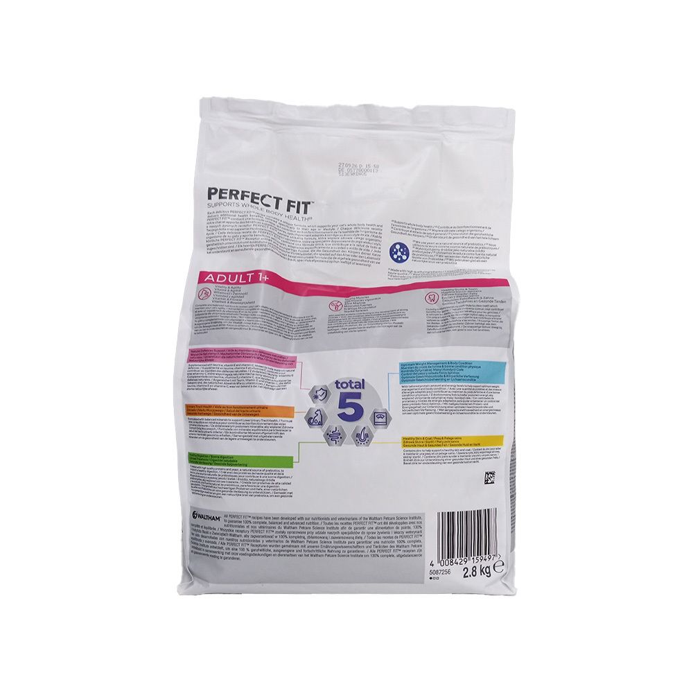 Rückseite der PERFECT FIT Adult 1+ Trockenfutter-Verpackung. Produktinformationen und Nährwertangaben.