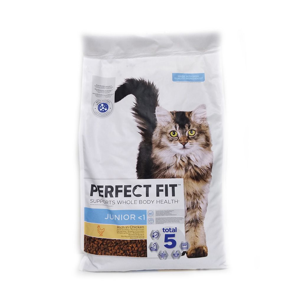 PERFECT FIT Junior <1 Trockenfutter. Abbildung einer Katze. Verpackung mit Produktinformationen und Logo.
