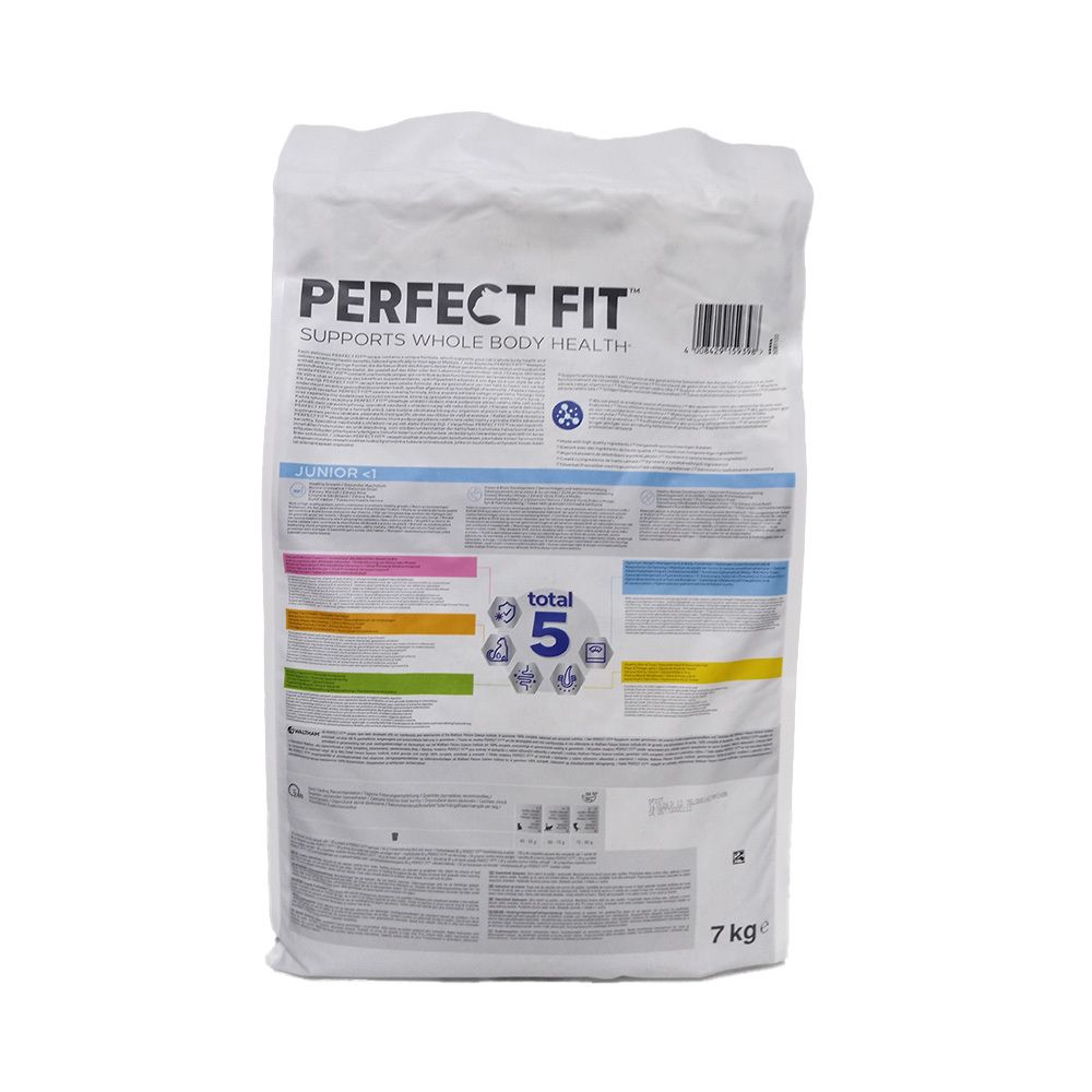 PERFECT FIT Junior <1 Trockenfutter-Verpackung. Rückseite mit Produktinformationen und Logo. Gewicht: 7 kg.