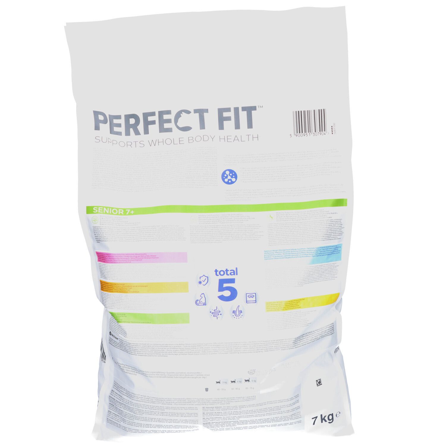 PERFECT FIT DROOG SENIOR KIP Beutel. Text: SENIOR 7+. Gesamt 5. Gewicht: 7 kg. Mehrfarbige Streifen.