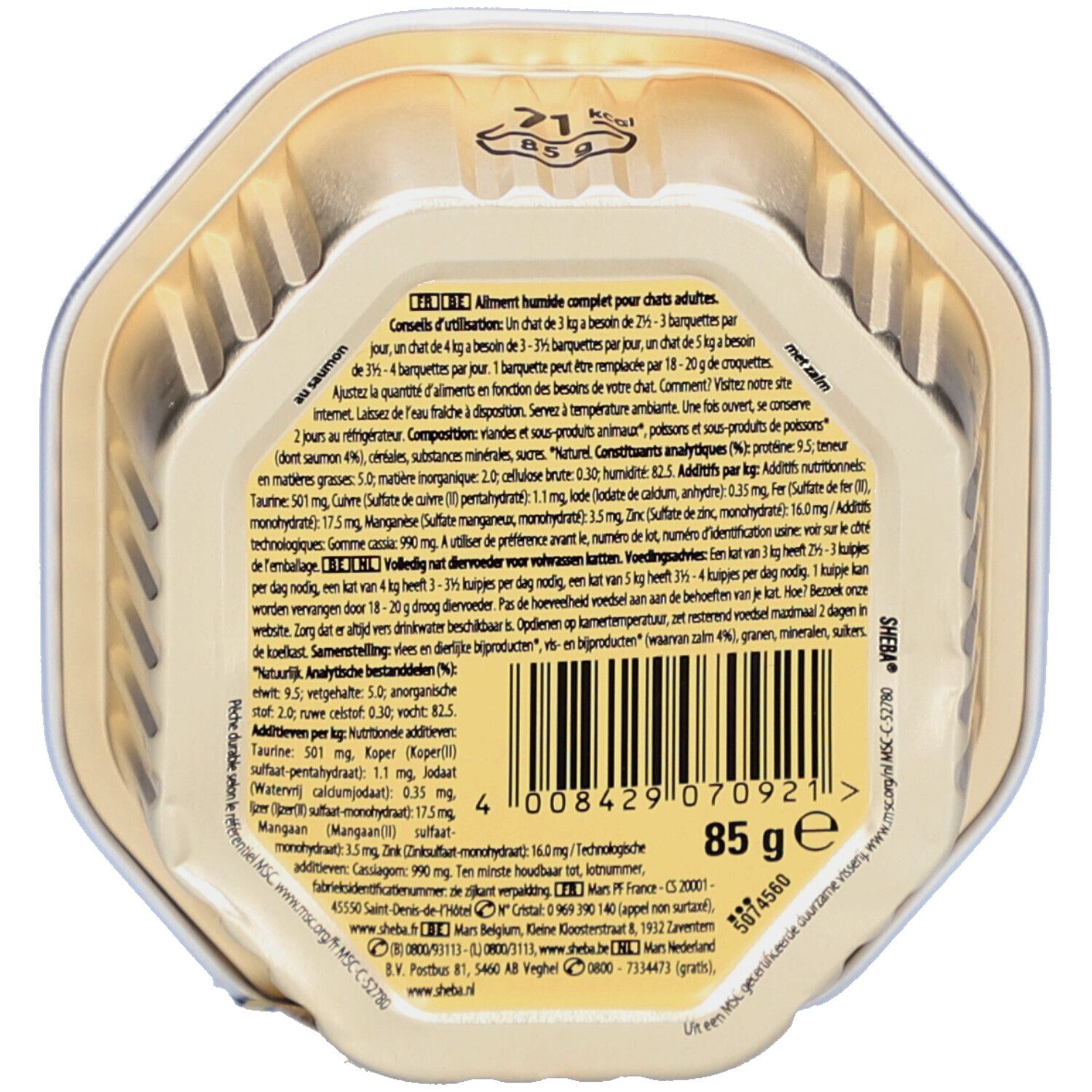 Rückseite einer Katzenfutter-Schale. Enthält Informationen zu Inhaltsstoffen und Fütterungsempfehlung. Barcode und Gewichtsangabe: 85g.