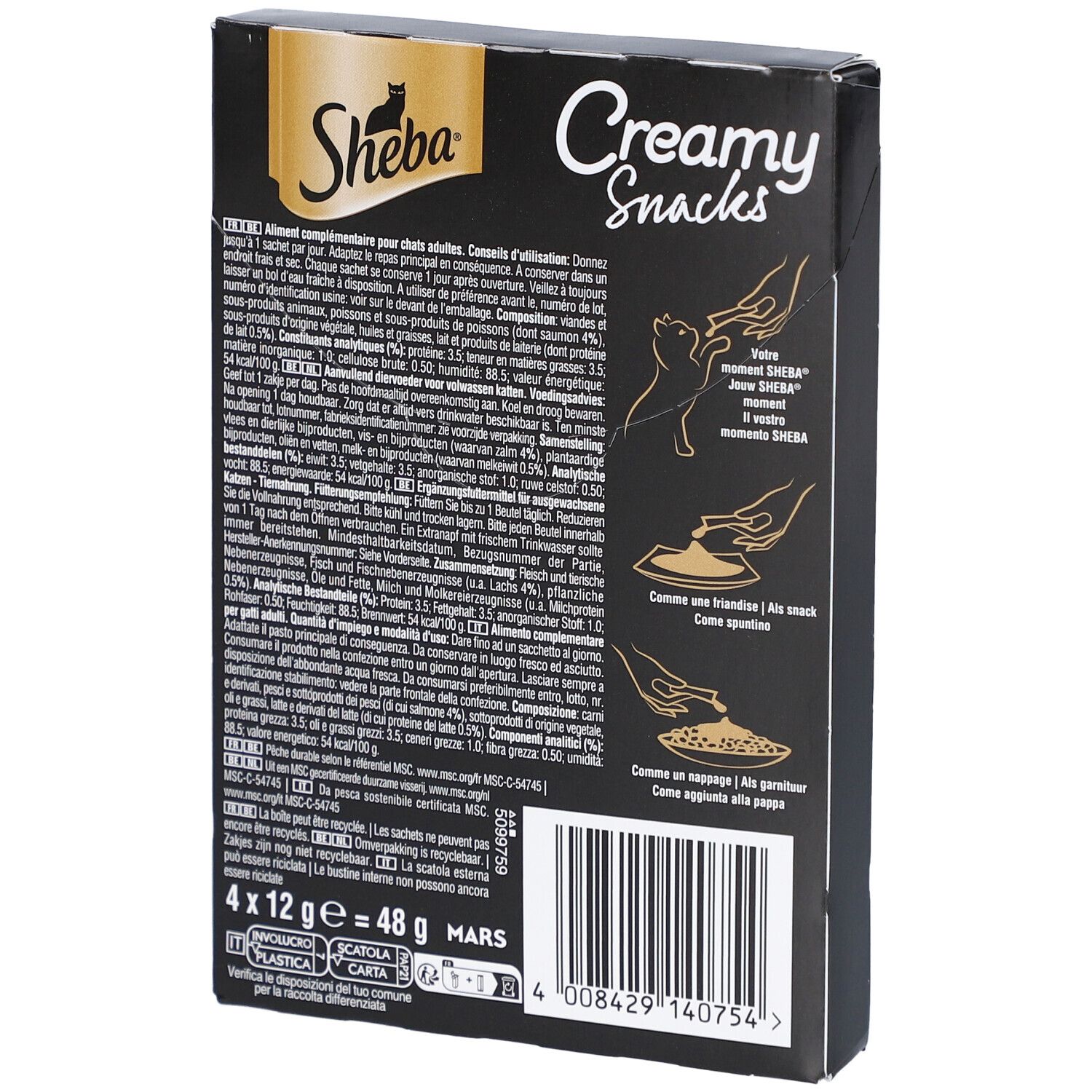 Rückseite der Sheba Creamy Snacks Verpackung. Text in mehreren Sprachen. Enthält 48g.