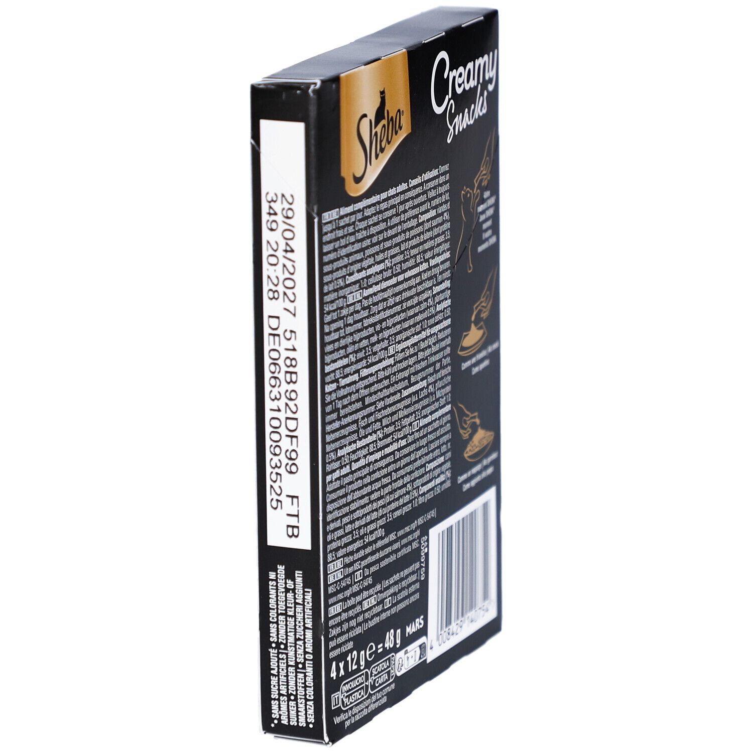 Seitenansicht der Sheba Creamy Snacks Verpackung. Text und Barcode. Enthält 48g.