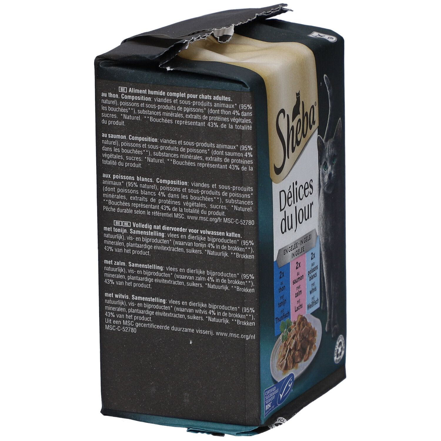 Rückseite der Sheba Delices du Jour Verpackung. Text in mehreren Sprachen. Enthält Informationen über Inhaltsstoffe.