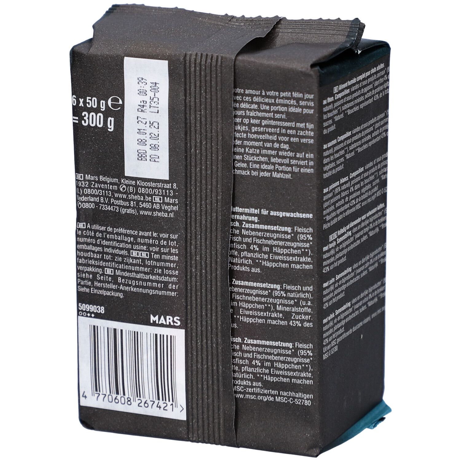 Rückseite der Sheba Delices du Jour Verpackung. Enthält Barcode, Gewicht und Herstellerinformationen.