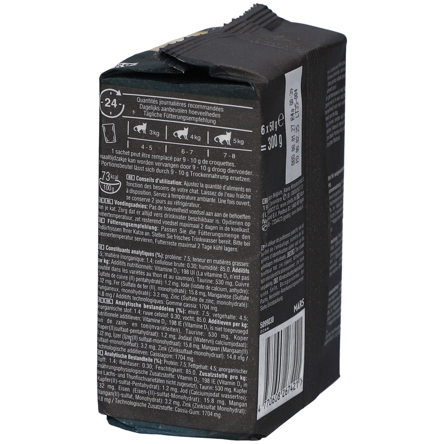 Rückseite der Sheba Delices du Jour Verpackung. Enthält Fütterungsempfehlungen und analytische Bestandteile.