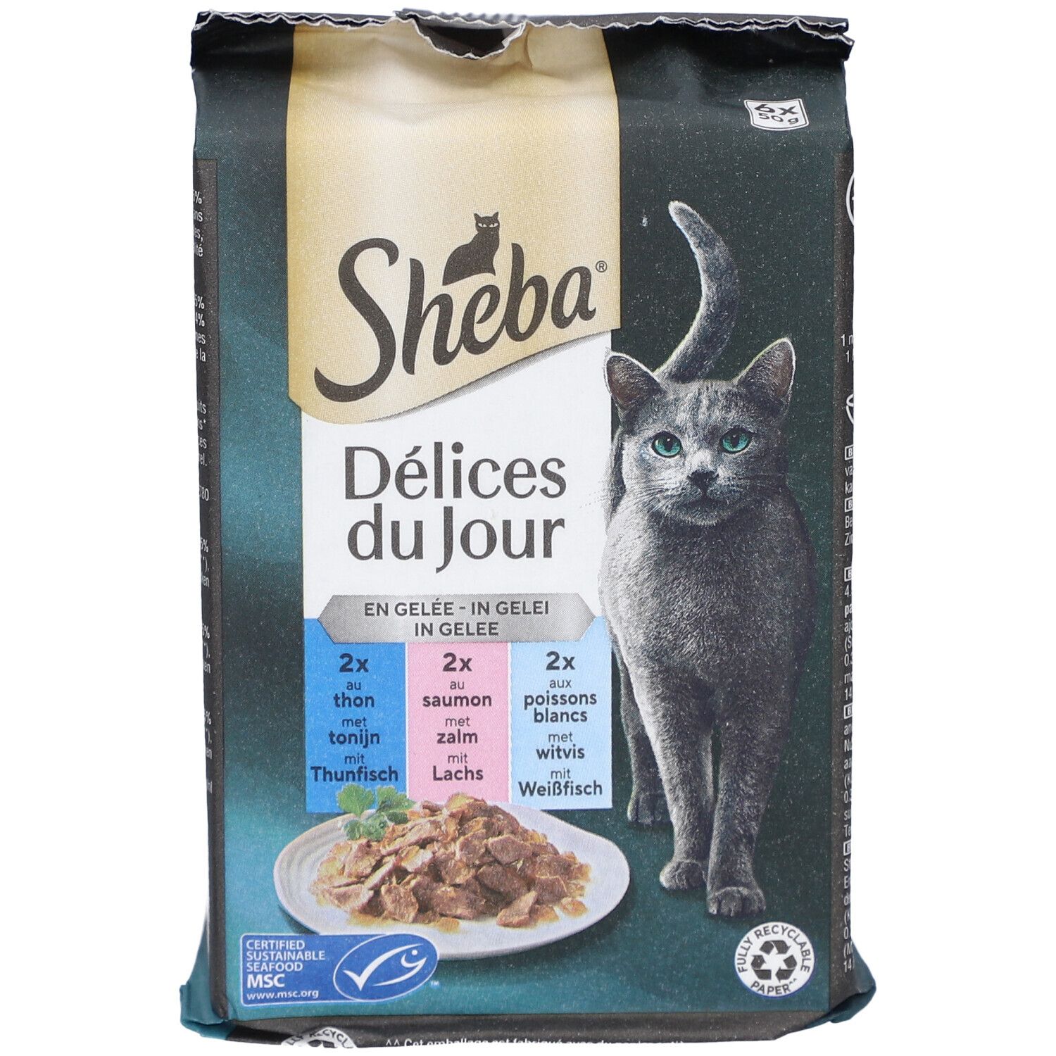 Verpackung von Sheba Delices du Jour. Enthält Thunfisch, Lachs und Weißfisch. Mit Katze-Illustration.