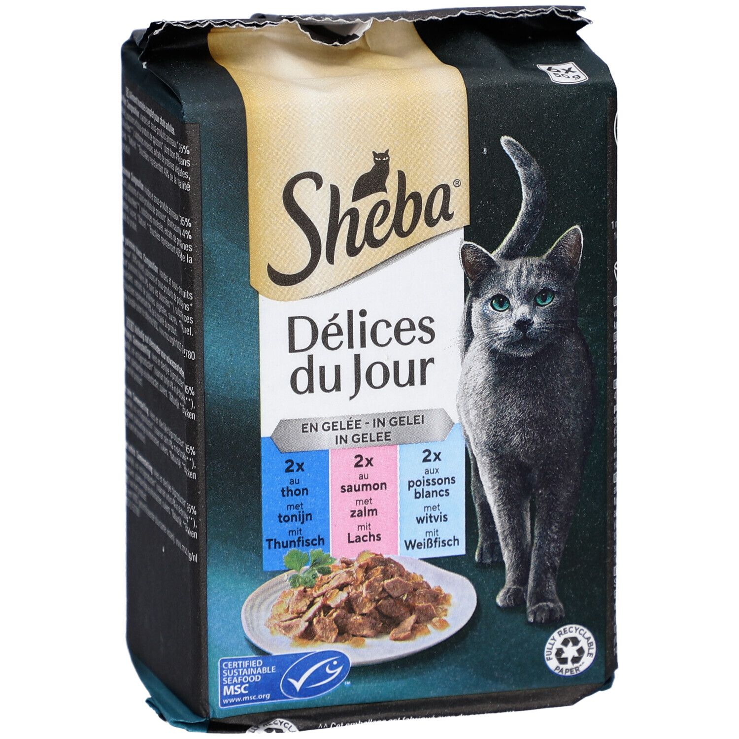 Verpackung von Sheba Delices du Jour. Enthält Thunfisch, Lachs und Weißfisch. Mit Katze-Illustration.