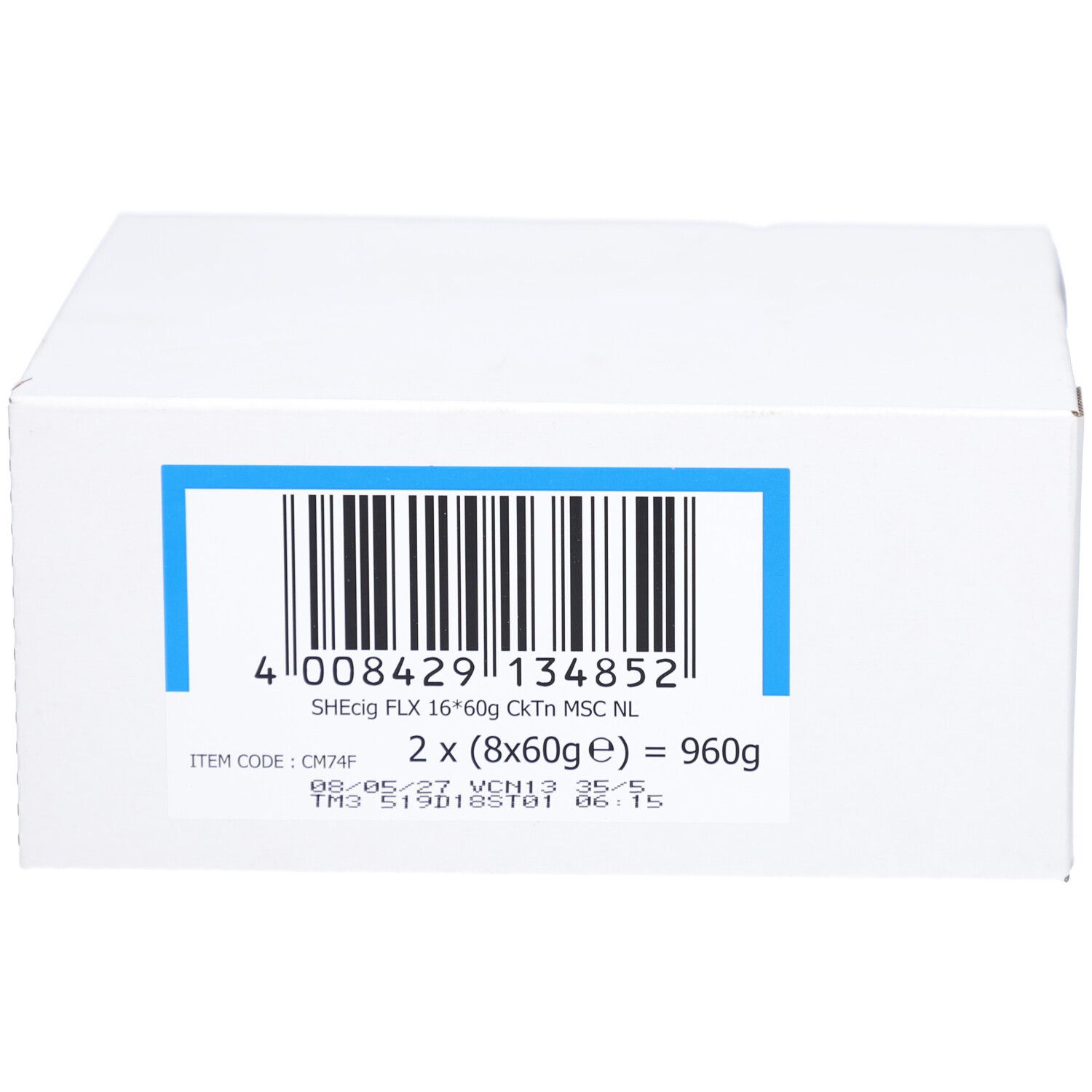 Weißer Karton mit Barcode und Produktinformationen. Aufschrift "SHEcig FLX 16*60g CkTn MSC NL".