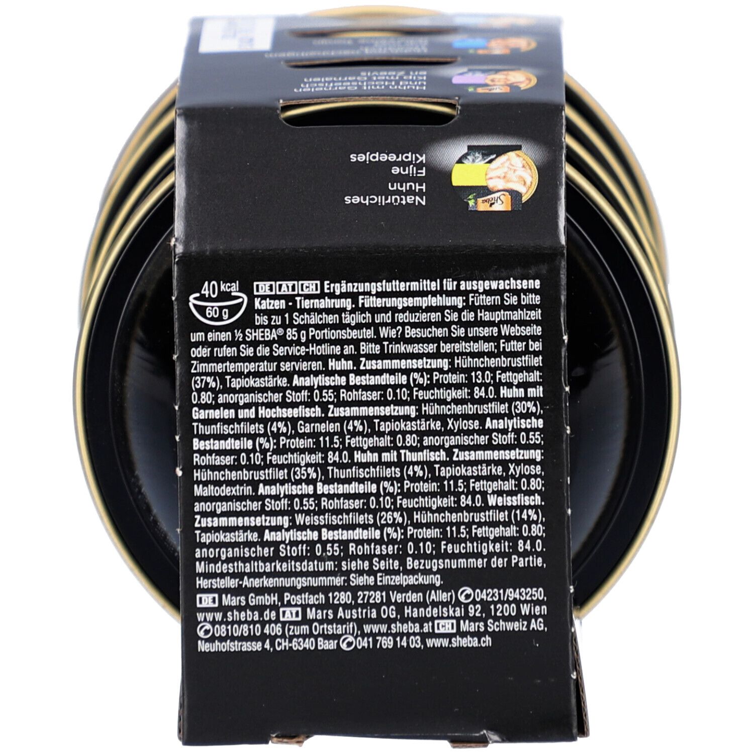 SHEBA FILETS SELECTION MP SS. Rückseite der Verpackung mit Nährwertangaben und Herstellerinformationen.